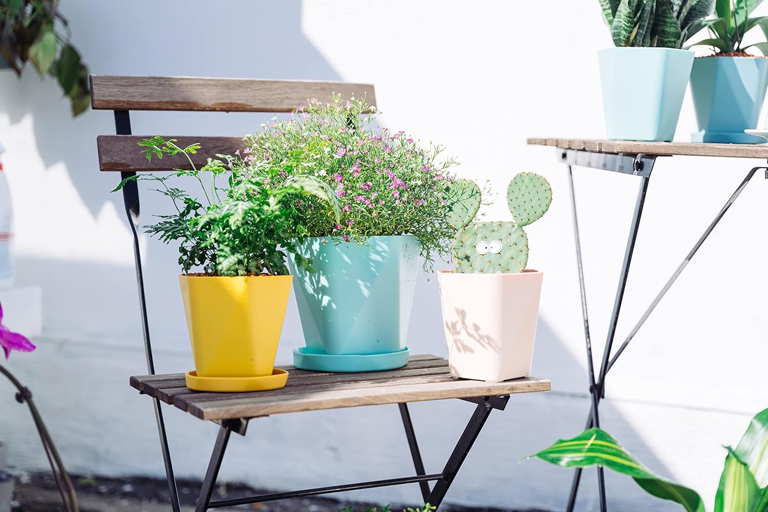 Sun-E – Macetas para plantas de interior de 7.66.55.1 pulgadas, juego de 3 macetas para exteriores con agujeros de drenaje y platillos, idea de