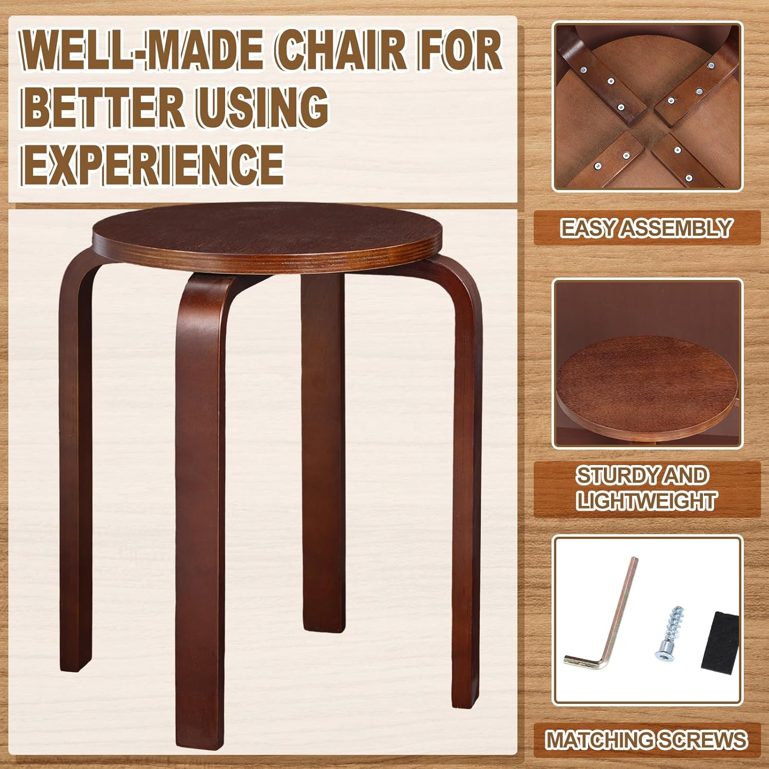Taburete apilable de madera curvada, 4 piezas, taburetes apilables de madera curvada, asiento de madera curvada para comedor, cocina, hogar, jardín,