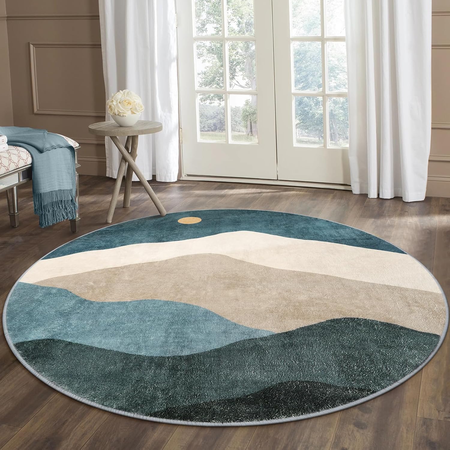Alfombras redondas abstractas de 6 pies para dormitorio, suave, lavable, antideslizante, alfombra circular grande, elegante alfombra de lana