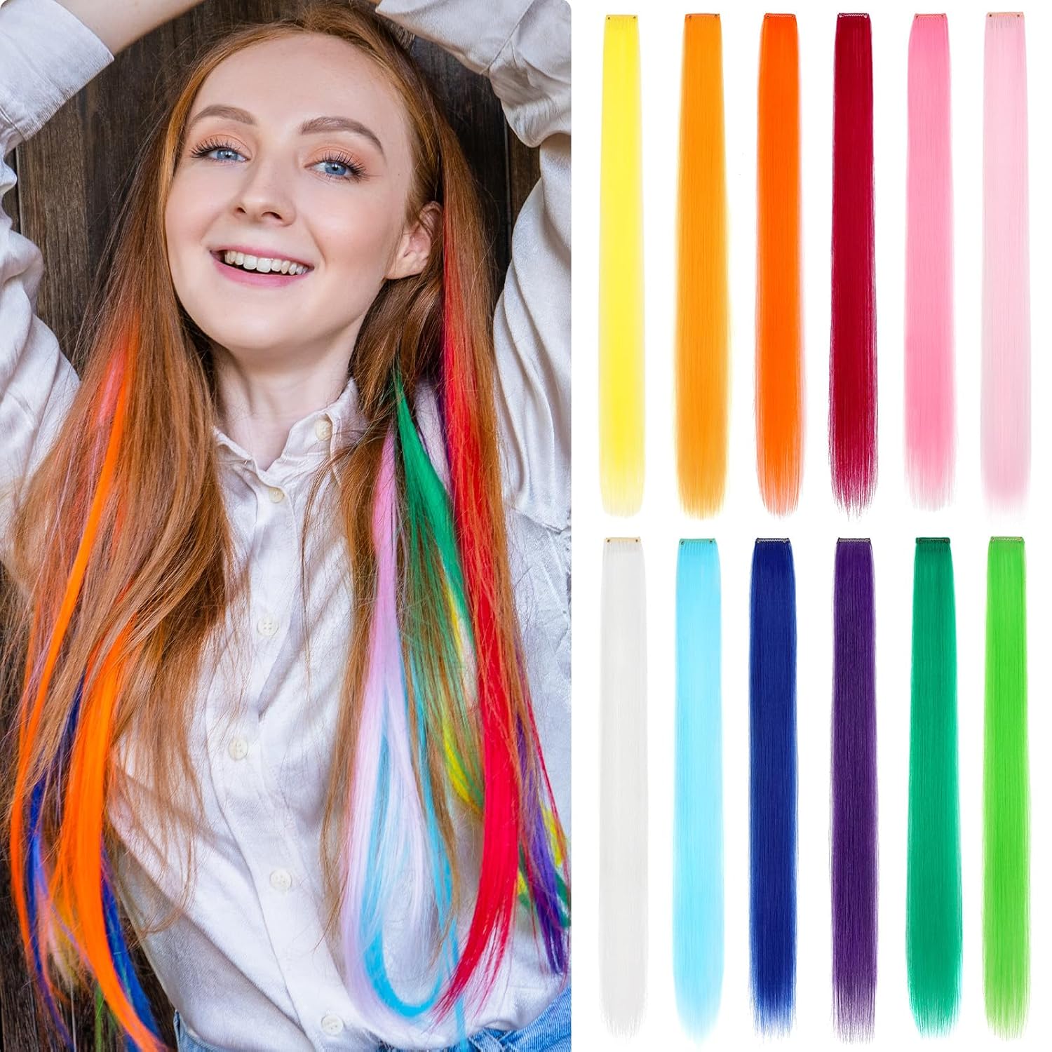 Extensiones de cabello de colores 12 piezas de 24 pulgadas con clip, arco iris, multicolor, para fiesta, largo, lacio, sintético, para mujeres,