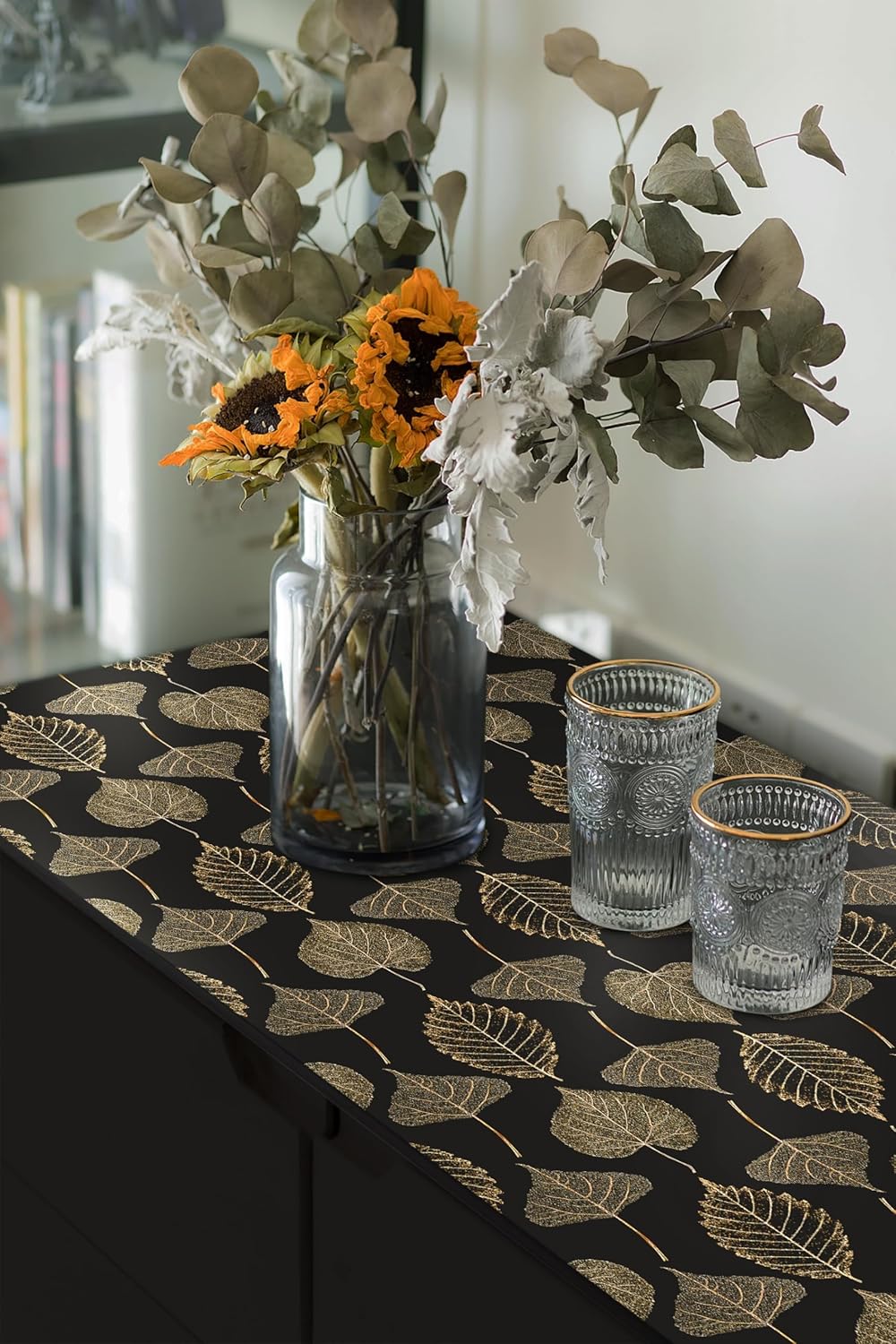 Ismoon Papel tapiz autoadhesivo con textura de hojas, color negro y dorado, autoadhesivo, extraíble, de vinilo grueso, impermeable, apto para