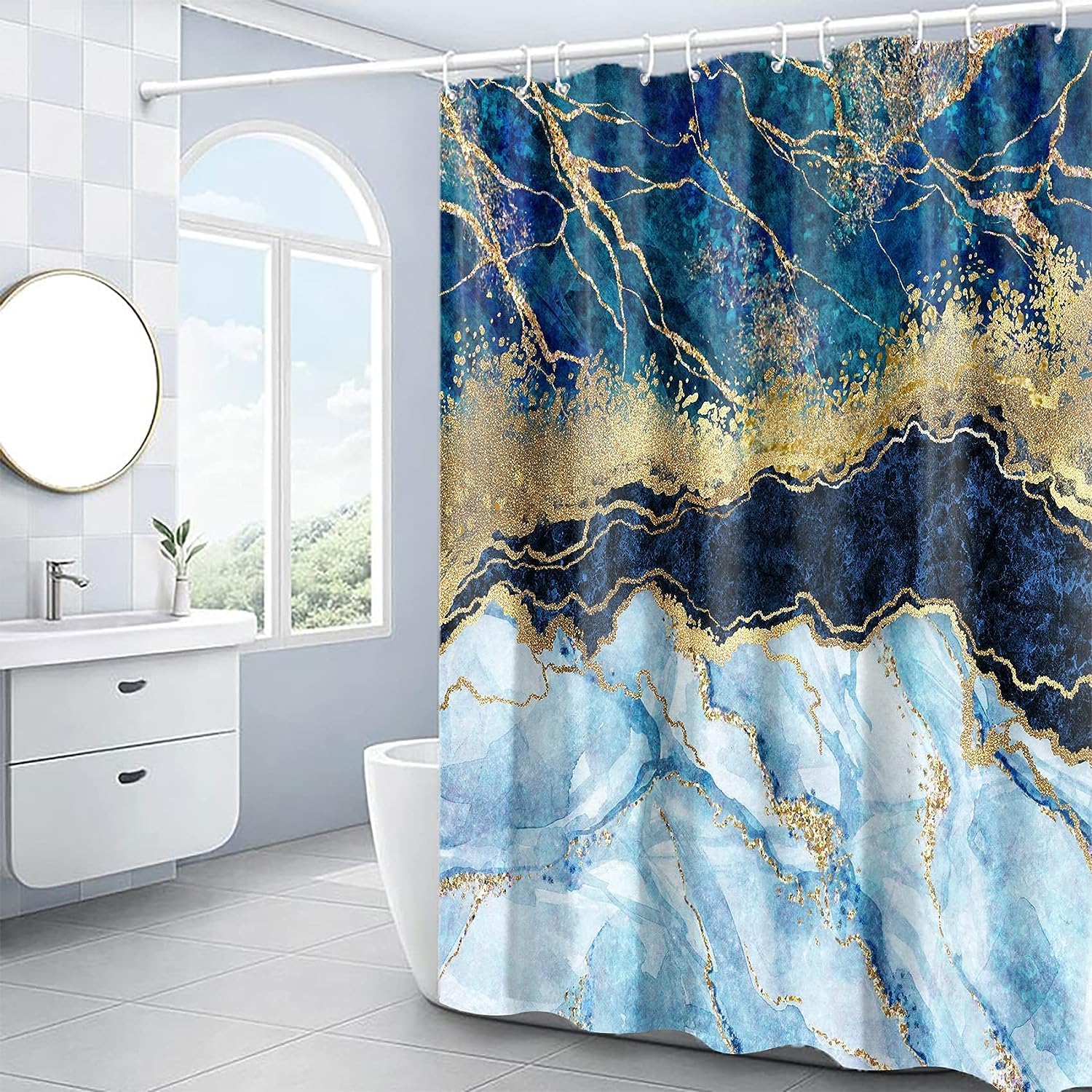 Cortina de ducha de mármol, juego de cortina de ducha de mármol azul, abstracto de lujo azul dorado con textura de vetas de mármol para baño, tela
