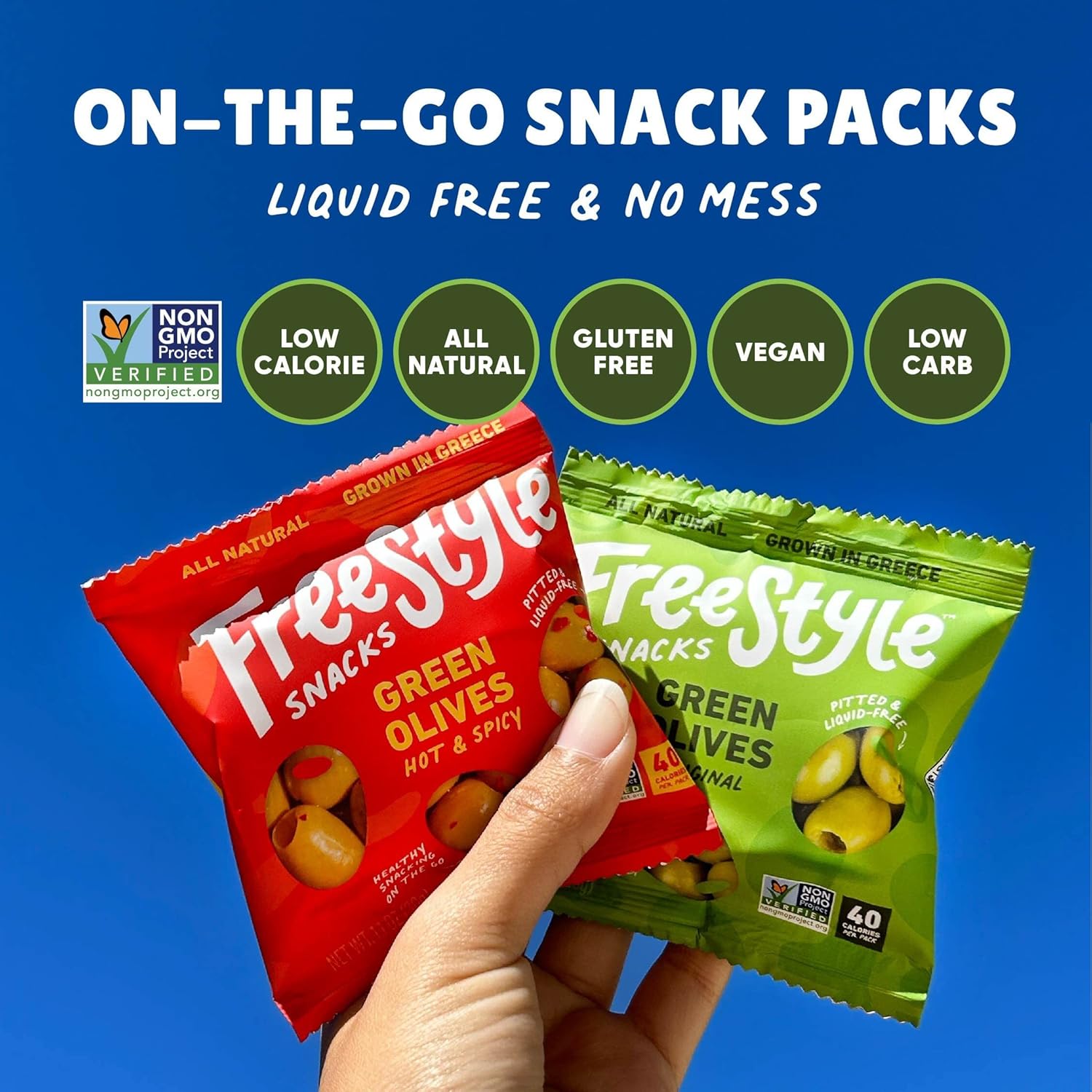 Freestyle Snacks Paquetes de aceitunas  Paquete de 3 sabores  Ajo limón, original, picante y picante  (18) paquetes de 1.1 oz en total  Aceitunas