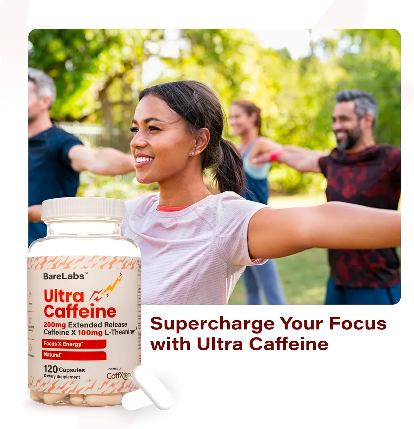 BareLabs Píldoras de cafeína natural de 200 mg de cafeína de liberación prolongada  Suplemento nootrópico de enfoque y energía  120 cápsulas  Lento,