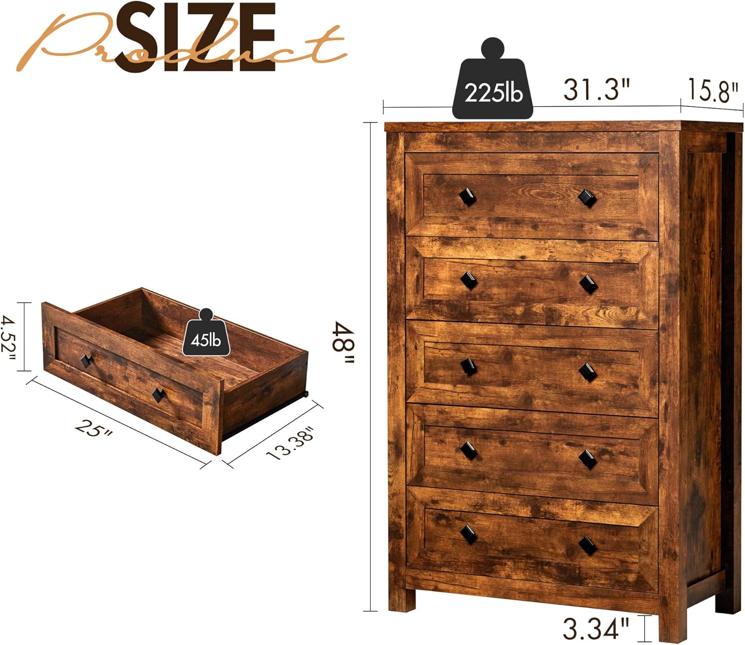 VanAcc Cómoda de 5 cajones altos para dormitorio, cómoda con textura de grano vintage, cómoda de madera de granja para dormitorio, sala de estar,