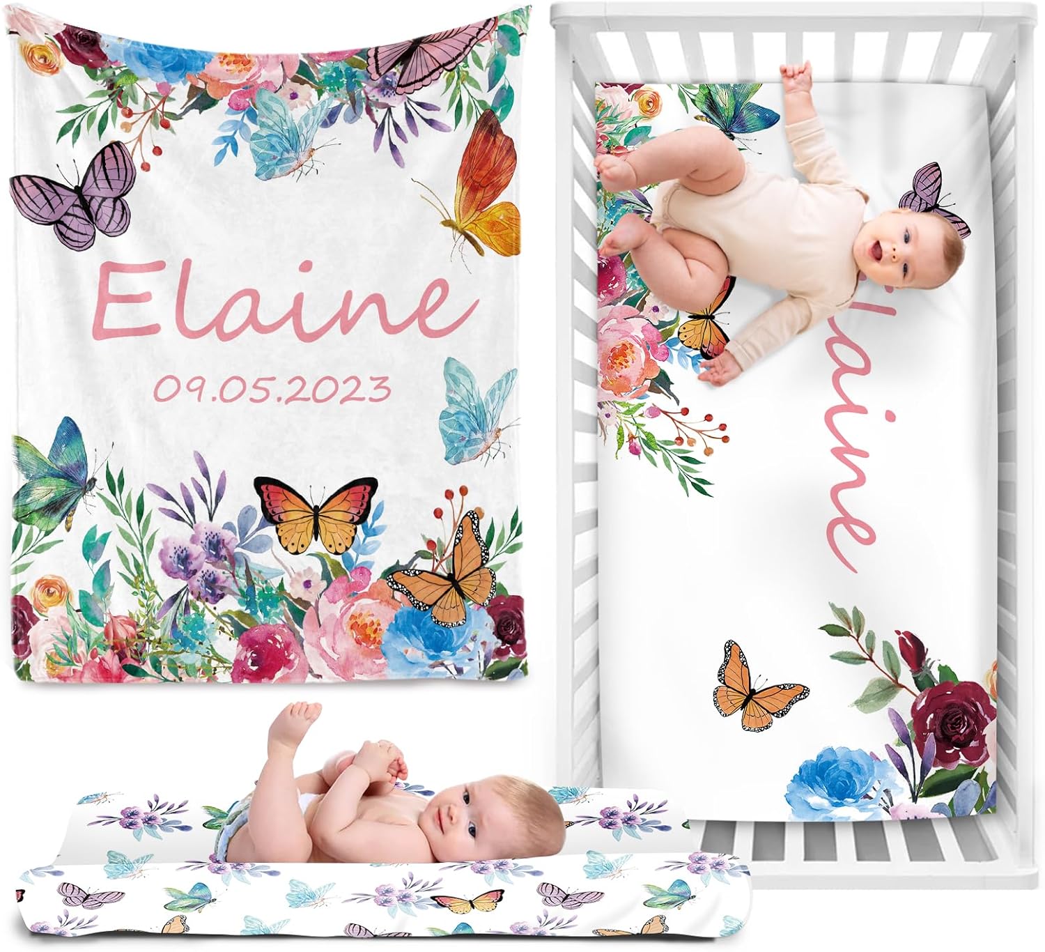 Juego de ropa de cama personalizado para cuna para bebé nombre personalizado, decoración de guardería, manta de bebé de mariposa colorida, sábana