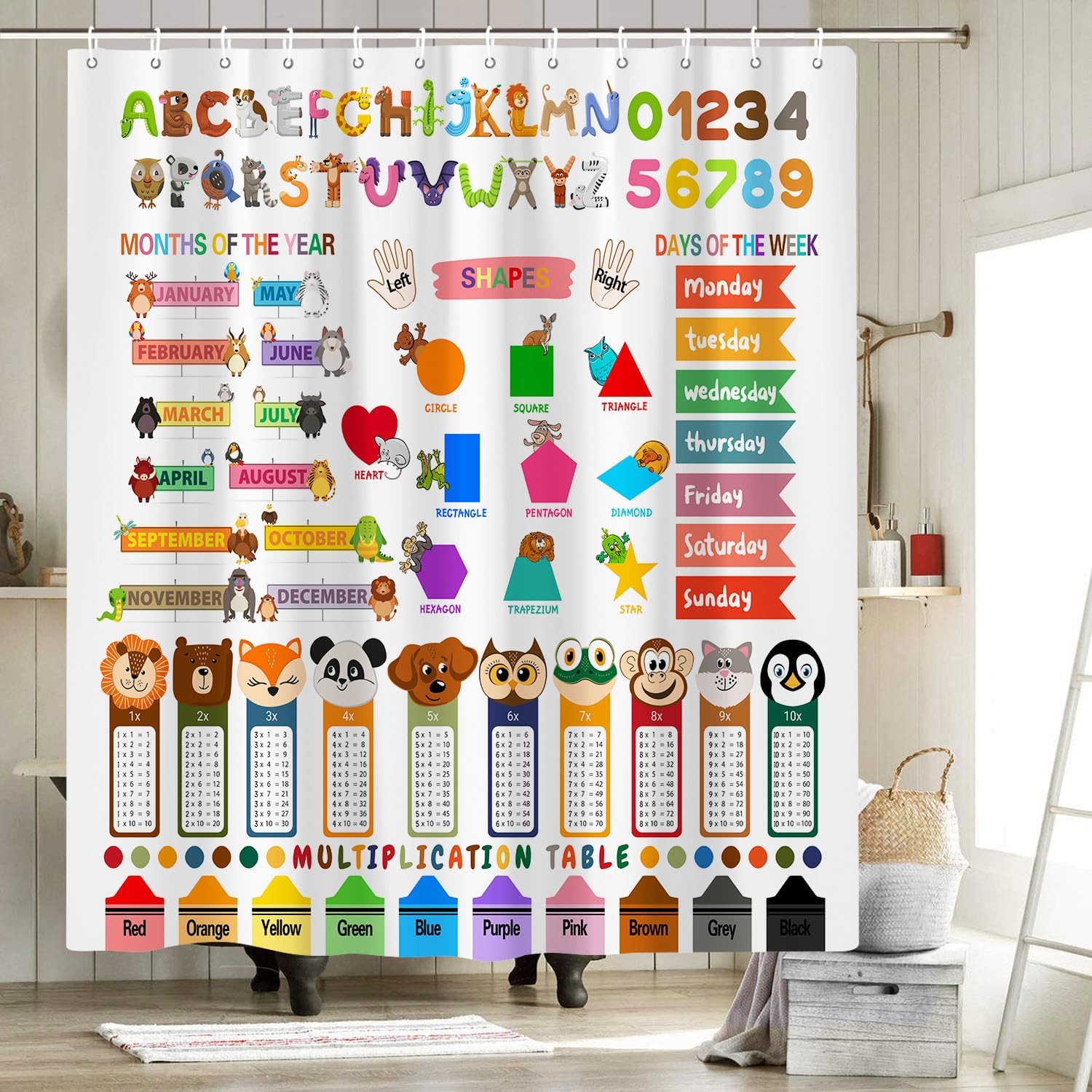 Cortina de ducha con letras del alfabeto para niños, estilo bohemio, abc, números para niños, formas de colores, tabla de multiplicar, para