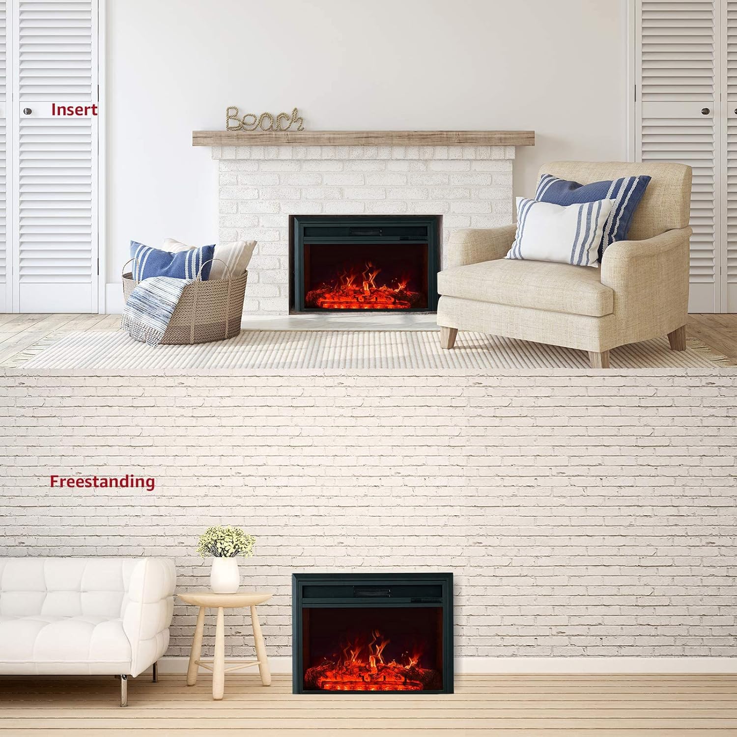 FLAME&SHADE Insertar chimenea eléctrica, 28 pulgadas de ancho, calentador de habitación portátil independiente con temporizador, termostato digital