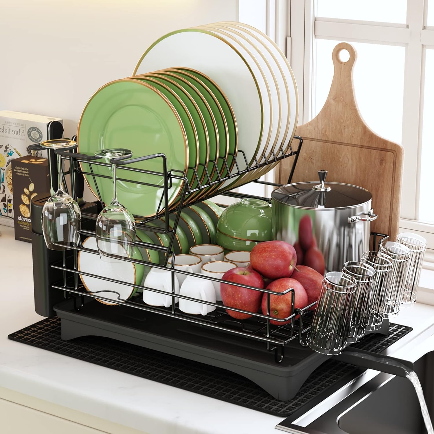 Qienrrae – Escurridor grande para platos, de acero inoxidable, con 2 niveles y drenaje para la encimera de la cocina, tiene soporte para copas de
