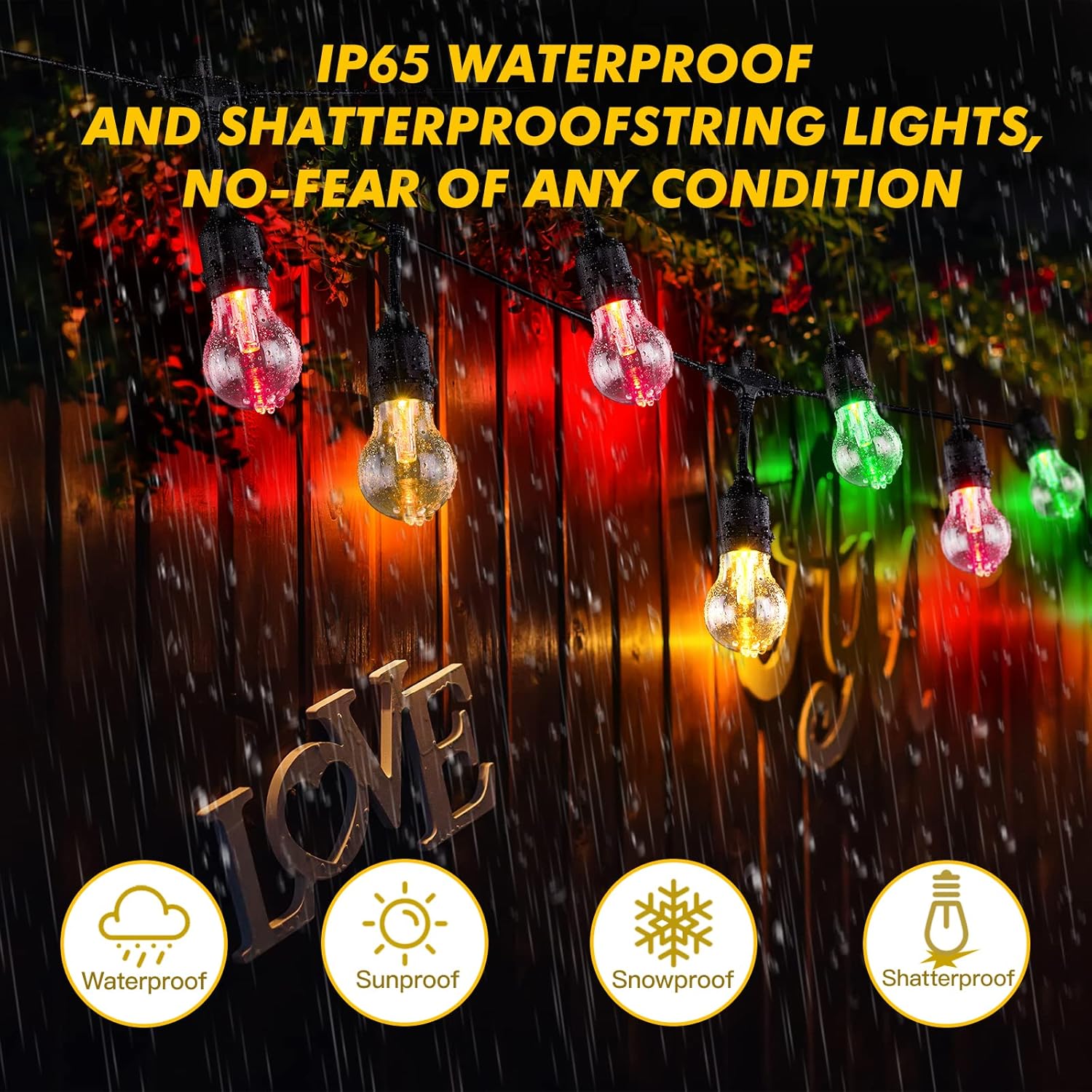 Luces solares multicolores, tira de luces de patio al aire libre regulable de 96 pies con bombillas Edison inastillables, control remoto, luces