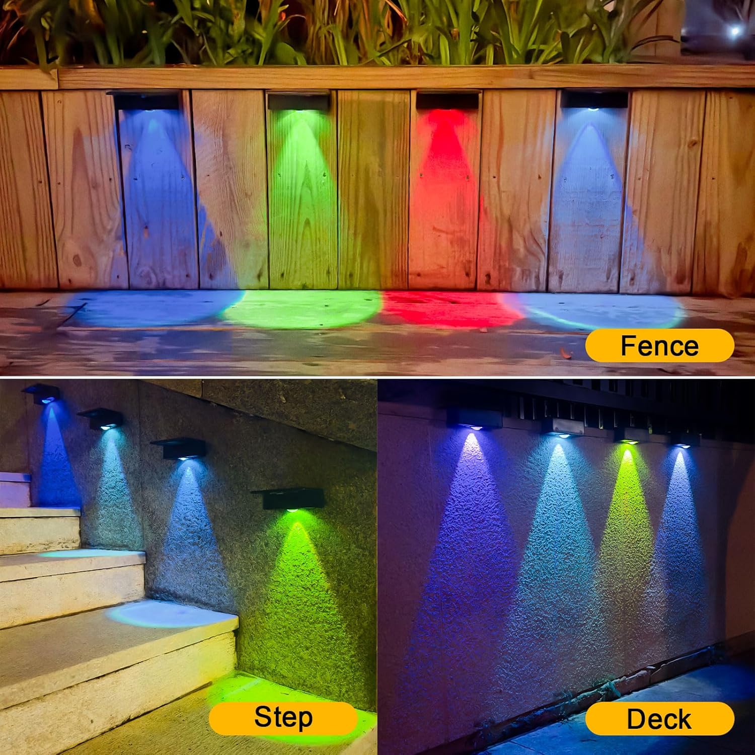 Luces solares para valla al aire libre, impermeables, LED blanco cálido y RGB conmutables, luces solares para terraza, luces de cerca del atardecer