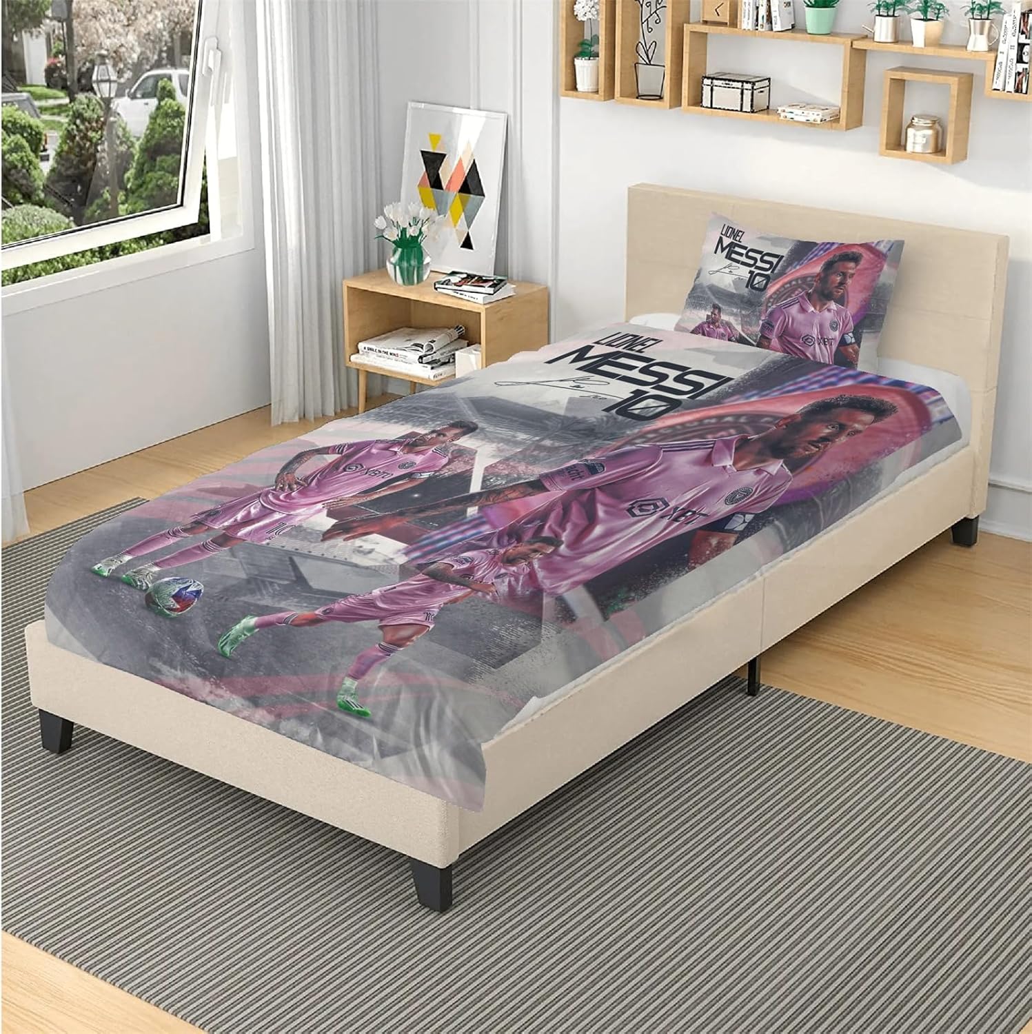 Juego de funda de edredón de fútbol Miami para niños, tamaño matrimonialqueen, 3 piezas, ropa de cama rosa ultra suave, juego de funda de edredón de