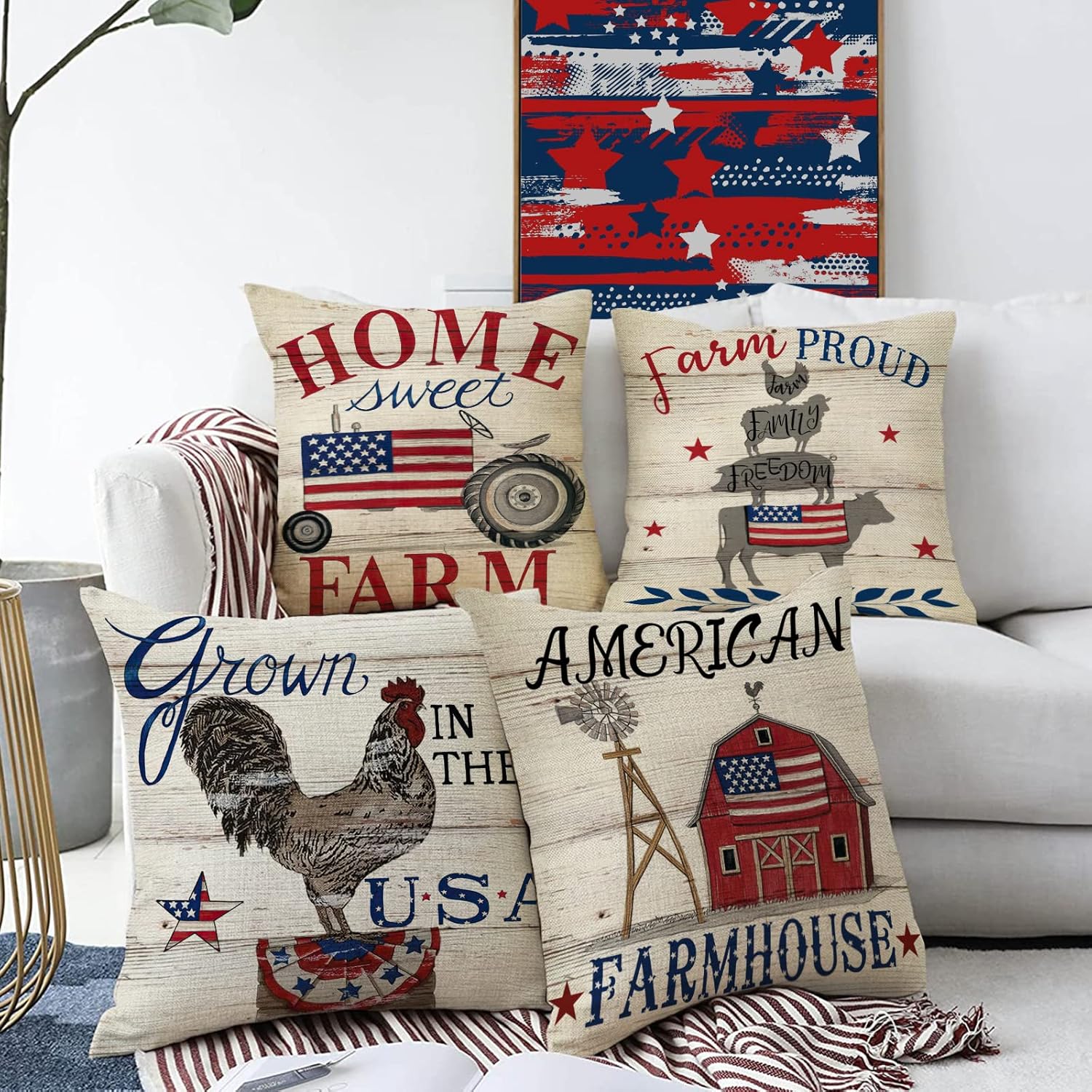 Juego de 4 fundas de almohada decorativas con bandera estadounidense del 4 de julio, 18 x 18 pulgadas, diseño patriótico de Estados Unidos, granja