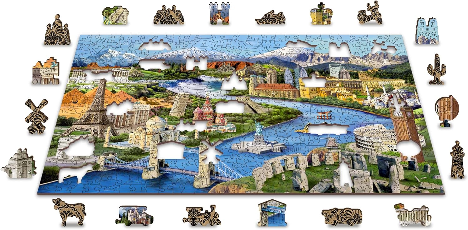WOODEN.CITY Rompecabezas de madera de 500 + 5 piezas emblemáticos del mundo, rompecabezas avanzados de viaje para adultos, rompecabezas de madera