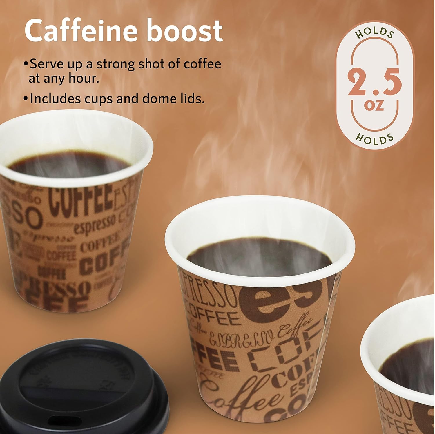 Upper Midland Products Paquete de 500 mini tazas de café cubano desechables de 2.5 onzas con tapas, vasos de papel con tapa de cúpula de plástico,