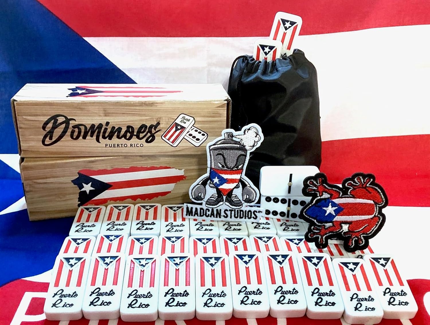 Juego de fichas de dominó con bandera de dominó de Puerto Rico, Boricua PR Puerto Rican Classic imprescindible bolsa de viaje incluida, tamaño