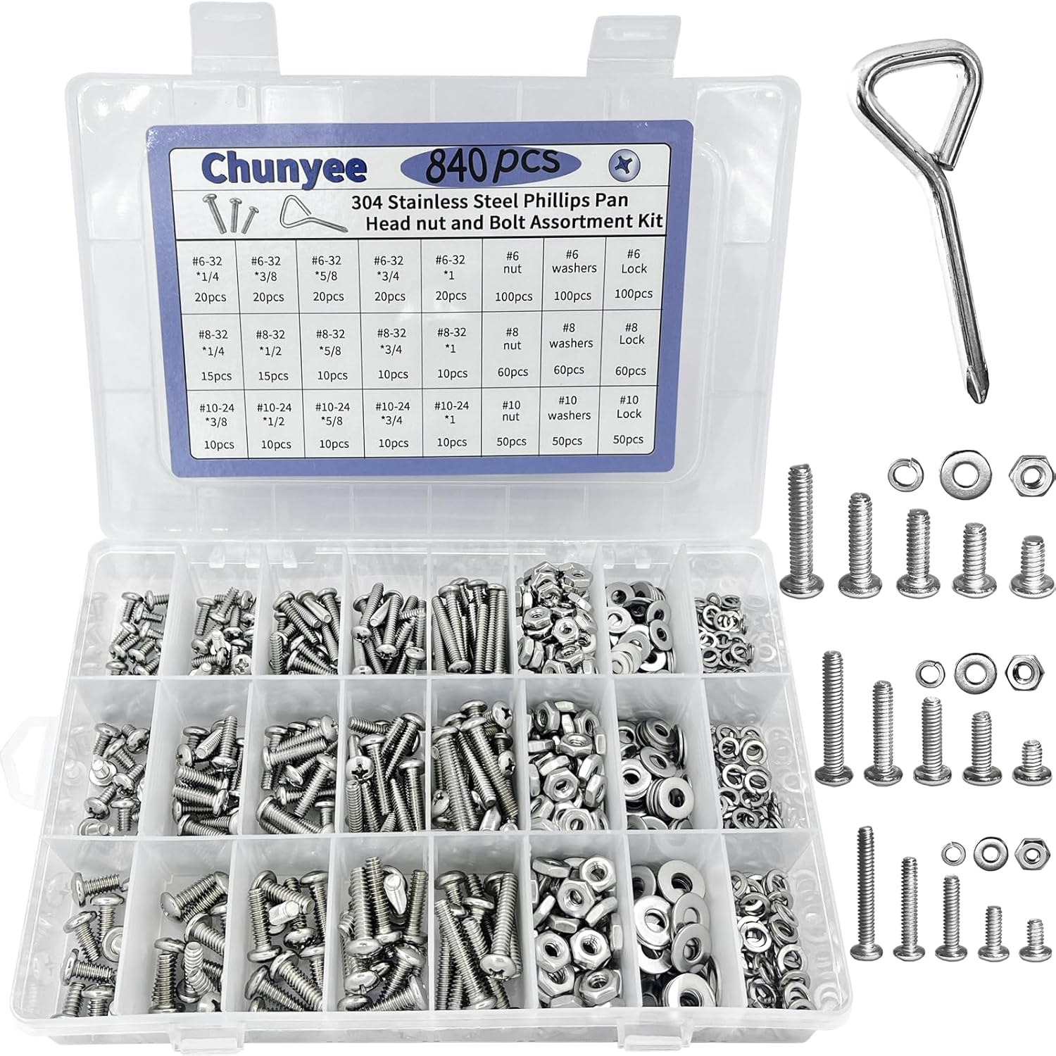 Chunyee Kit surtido de 840 tuercas y tornillos, 6-32#8-32#10-24 Phillips Kit surtido de tornillos de máquina de cabeza cacerola, kit surtido de