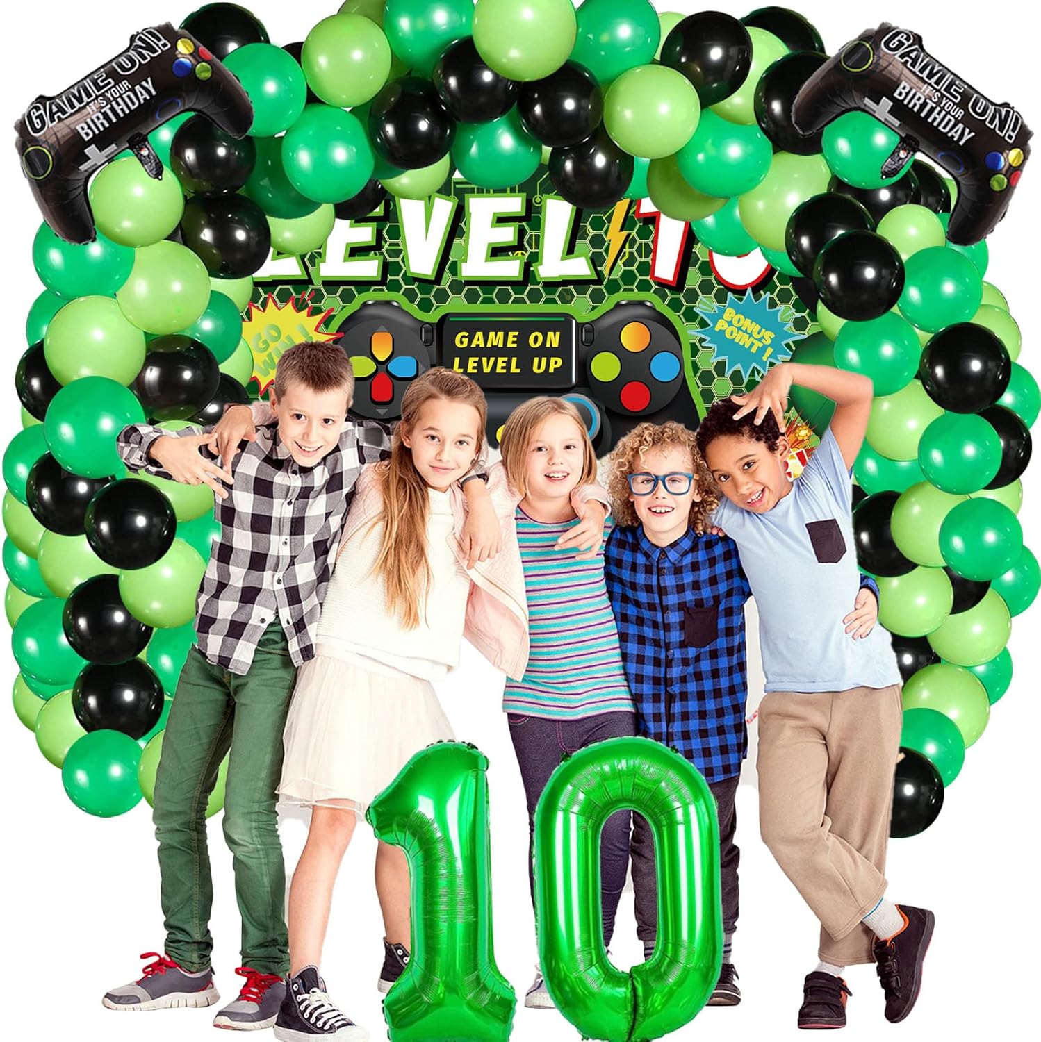 Vlipoeasn Juego de 90 decoraciones de fiesta de videojuegos de cumpleaños número 10 para niños, suministros verdes de 10 cumpleaños, telón de fondo