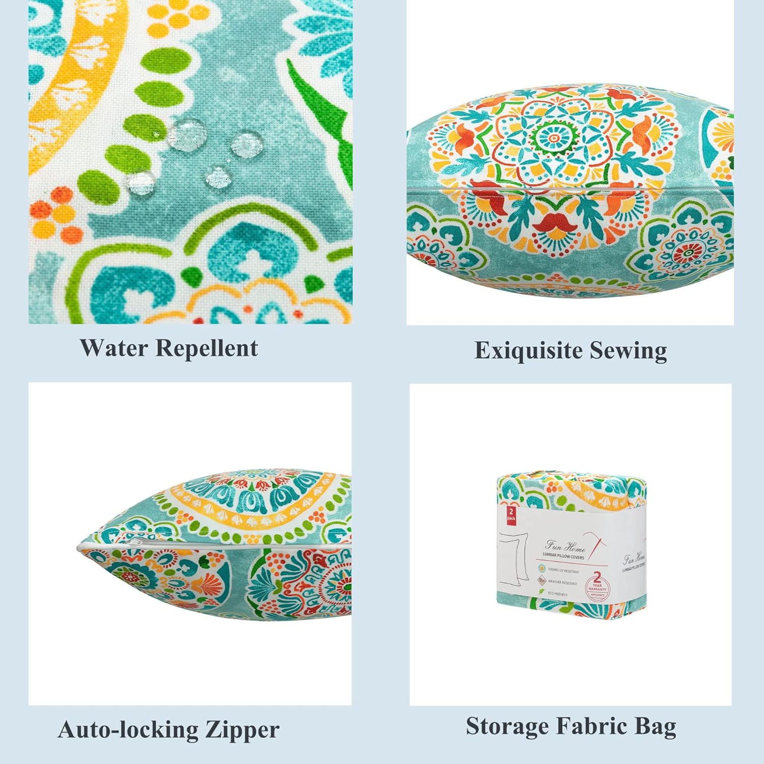 Solo las fundas de almohada lumbar para interiores y exteriores, repelentes al agua, resistentes a la decoloración, para patio, 12 x 20 pulgadas,