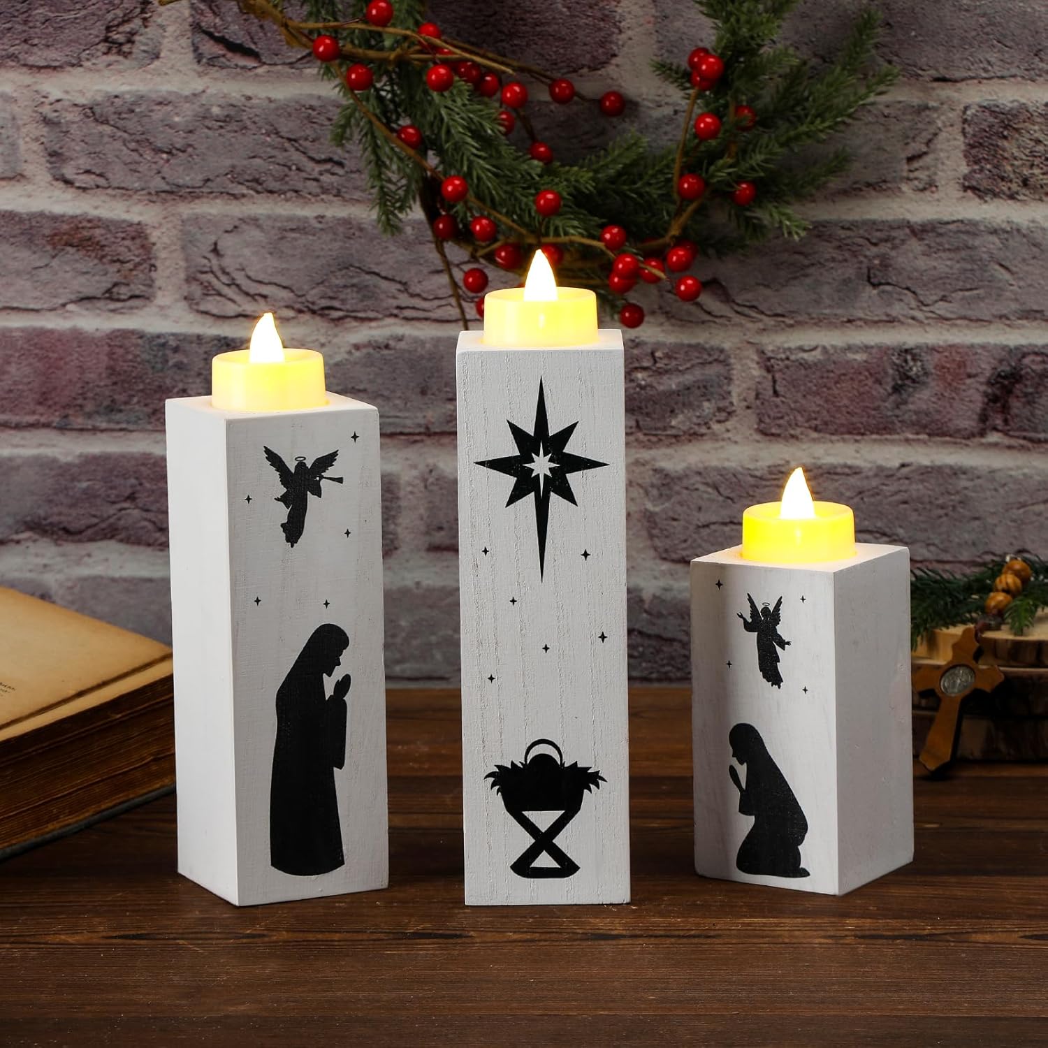 3 portavelas de Navidad con 6 velas de Adviento de Navidad, portavelas sin llama, belén, mesa de madera, centro de mesa, candelabros de Navidad para