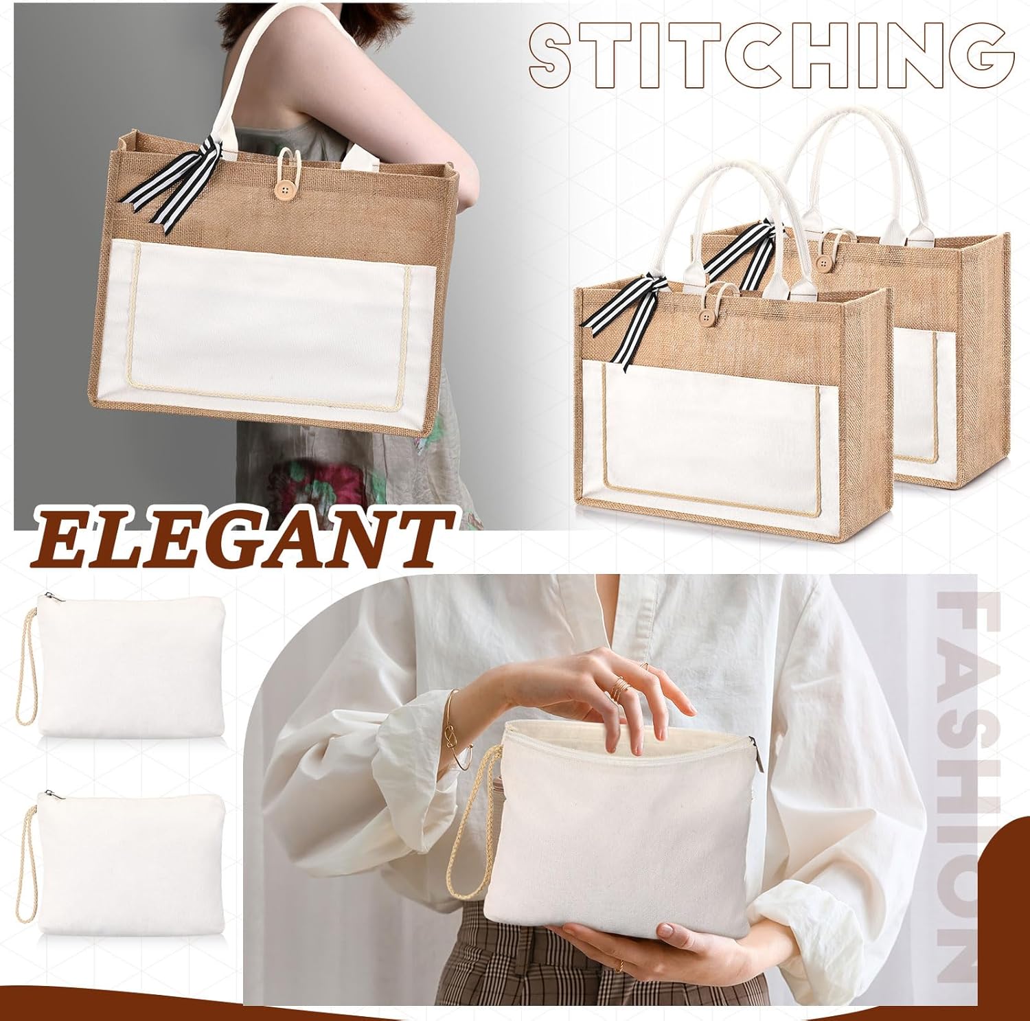 Chunful 4 bolsas de arpillera con asa, bolsa de regalo a granel para mujeres, bolsa de playa de lona de boda, bolsa de yute de arpillera, bolsa de