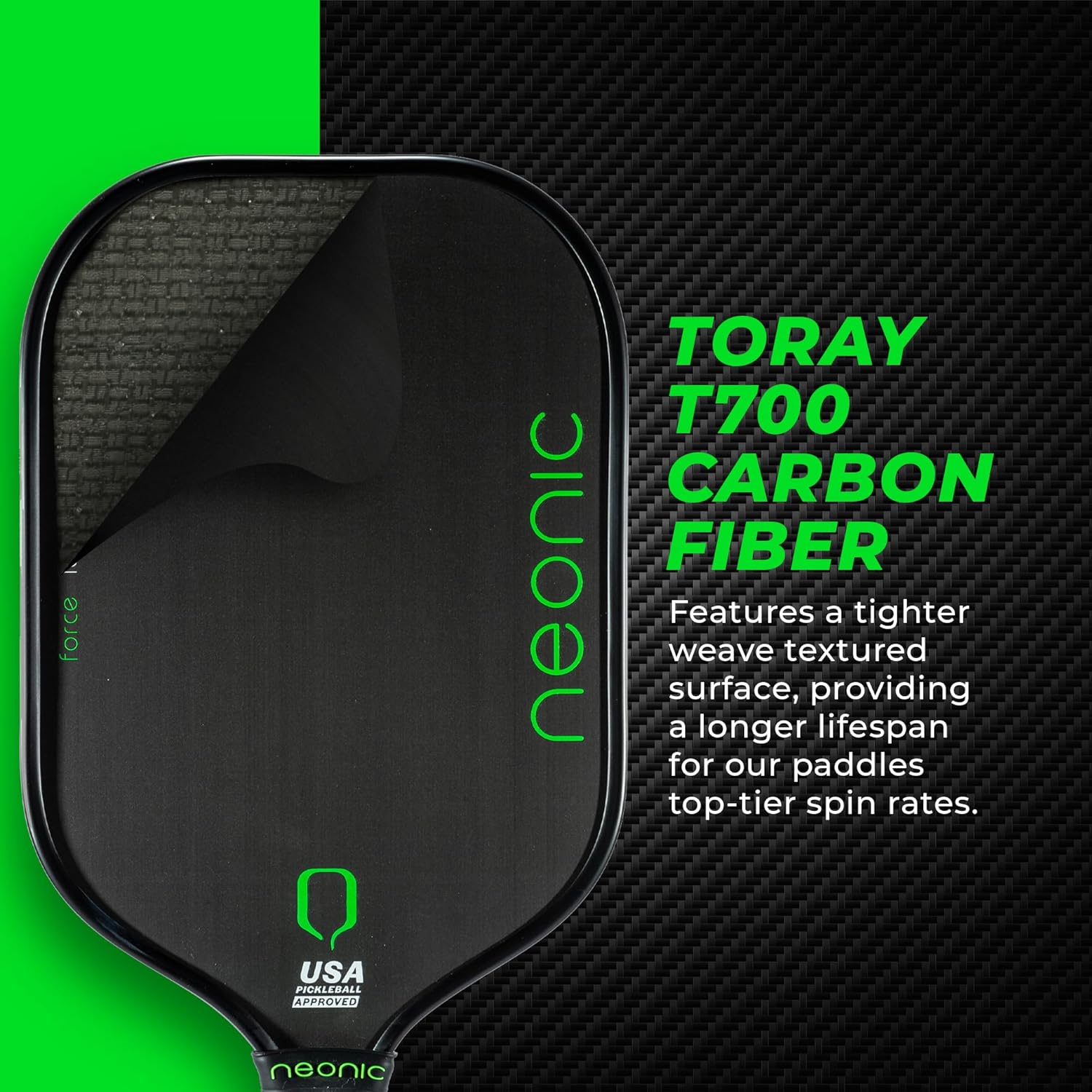 Force – Paleta de pickleball de fibra de carbono de 0.630 in, paleta profesional alargada termoformada con inyección de espuma Unibody