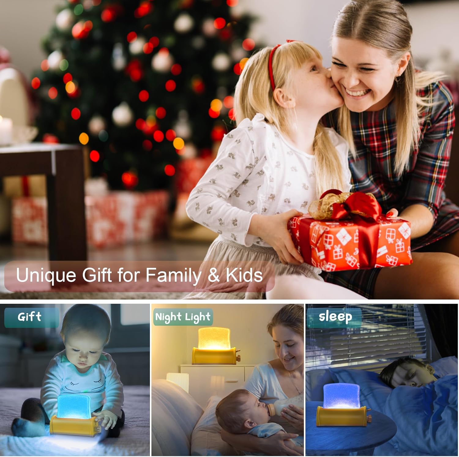 Luz nocturna emulada de pan tostado, luz blanca cálida suave y luz LED de 7 colores, lámpara de noche regulable para niños, batería recargable y