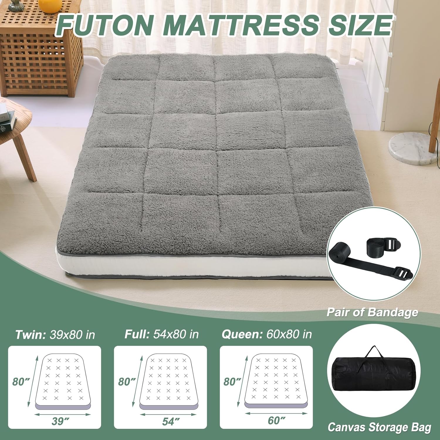 LILYPELLE Colchón japonés futón, colchón plegable de forro polar, colchón enrollable, tapete de tatami para dormir, tumbona para el suelo, cama de