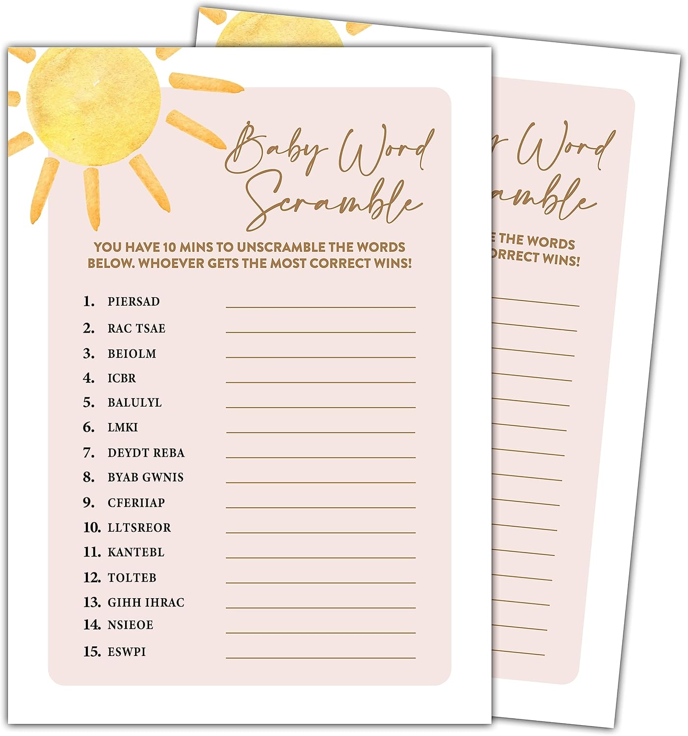 Boho Sunshine – 30 tarjetas de juego de palabras para bebé con 1 tarjeta de respuesta, suministros de fiesta de revelación de género (5 x 7