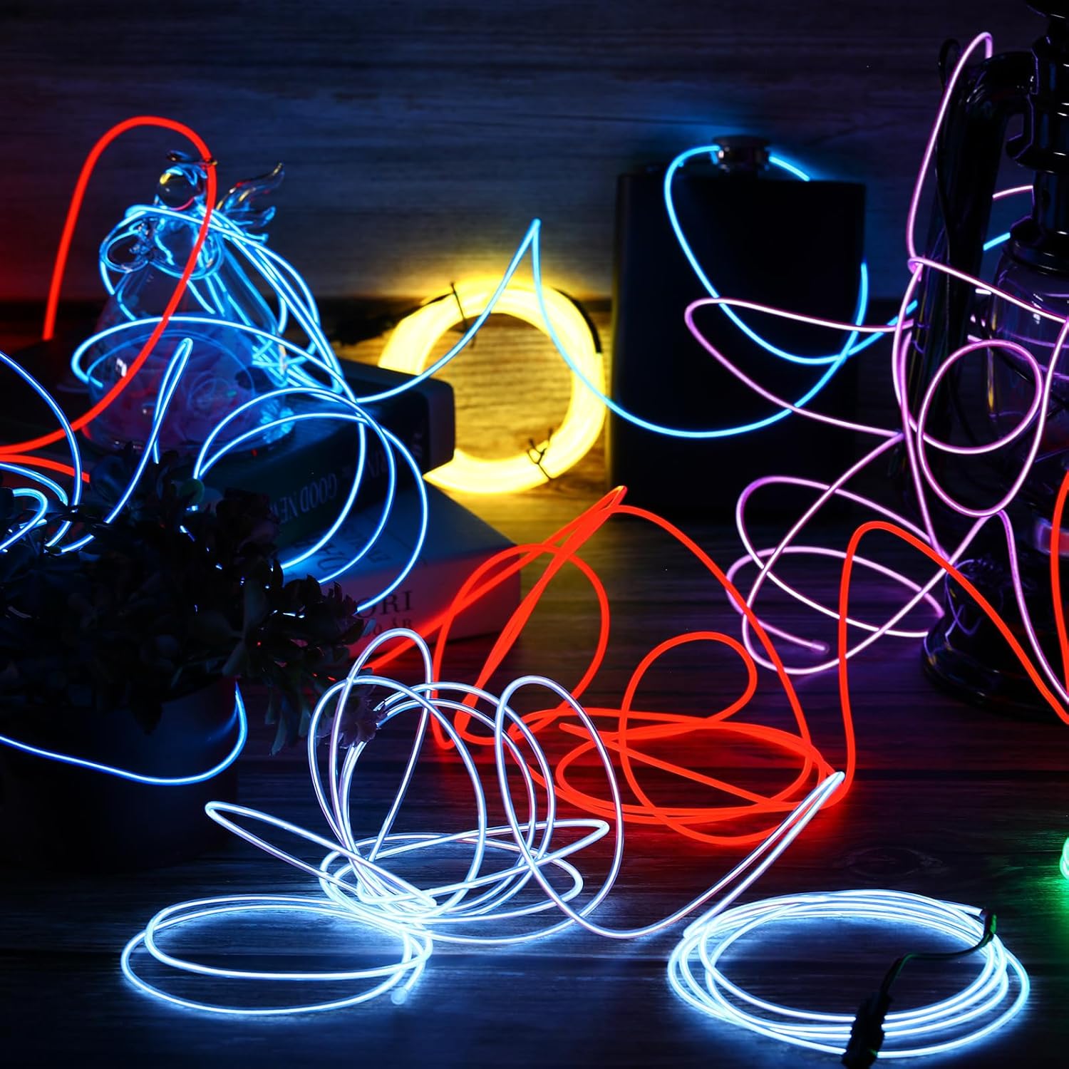Paquete de 15 luces de neón portátiles con cable EL, cortables, luz electroluminiscente, funciona con pilas, luces LED que brillan en la oscuridad,