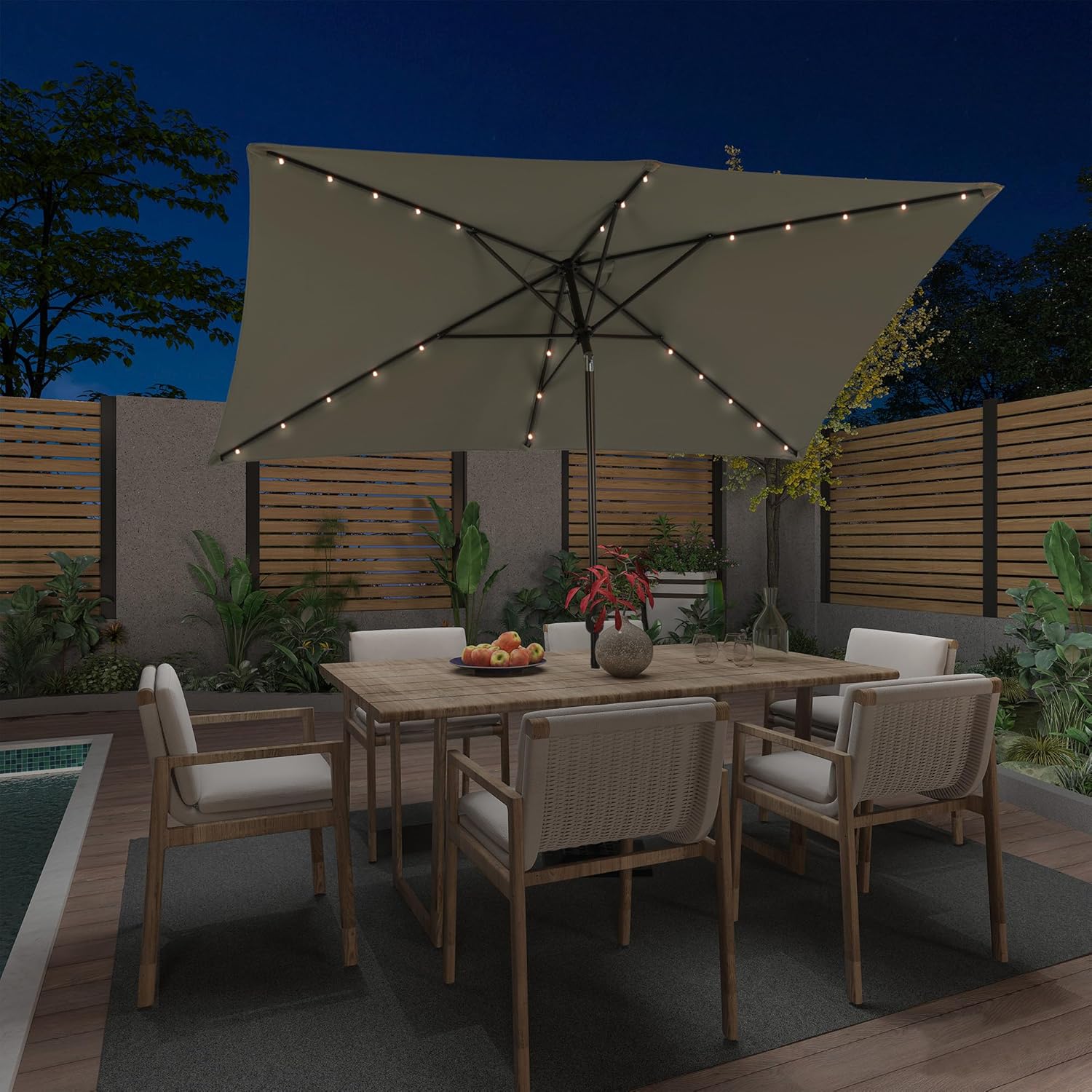 MONDAWE Paraguas rectangular de mercado con luces LED solares de 10 x 6.5 pies para exteriores, sombrilla de patio con manivela, sombrilla de mesa