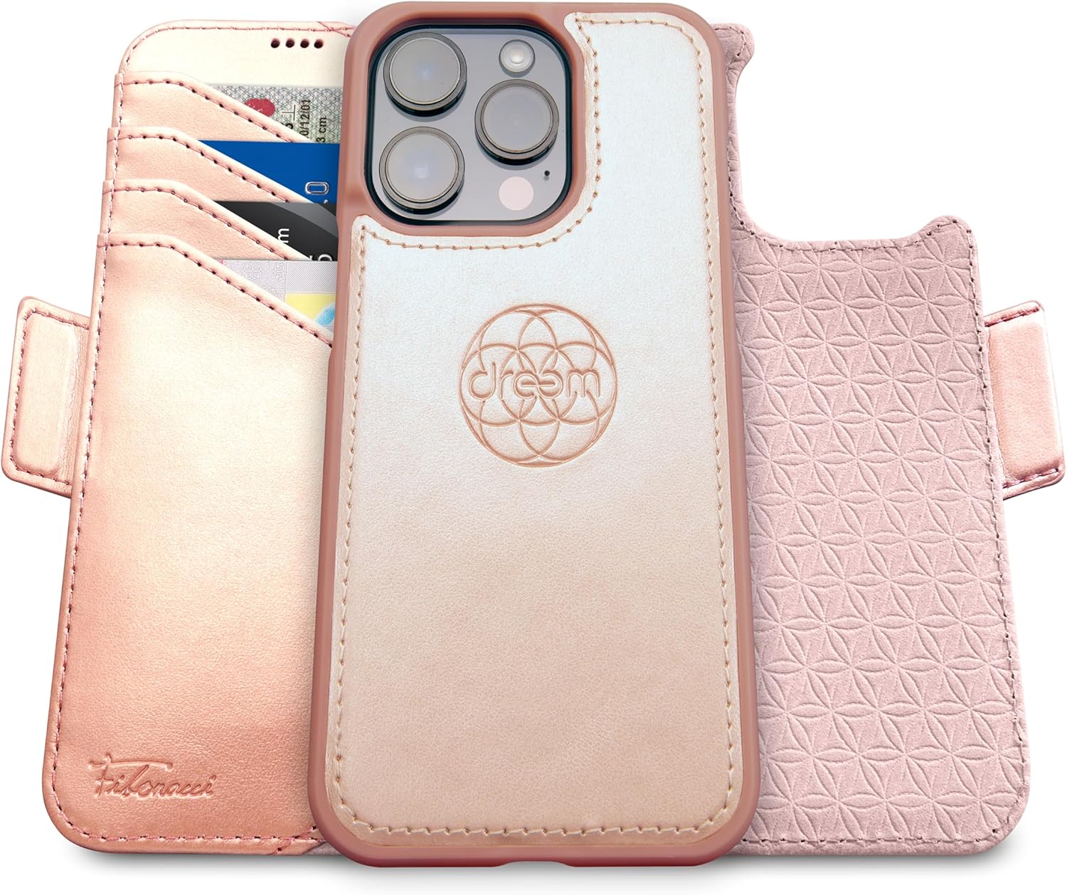 Dreem Fibonacci – Funda tipo cartera para iPhone 15 Pro, 2 en 1, a prueba de golpes, funda MagSafe y desmontable de cuero vegano de lujo con