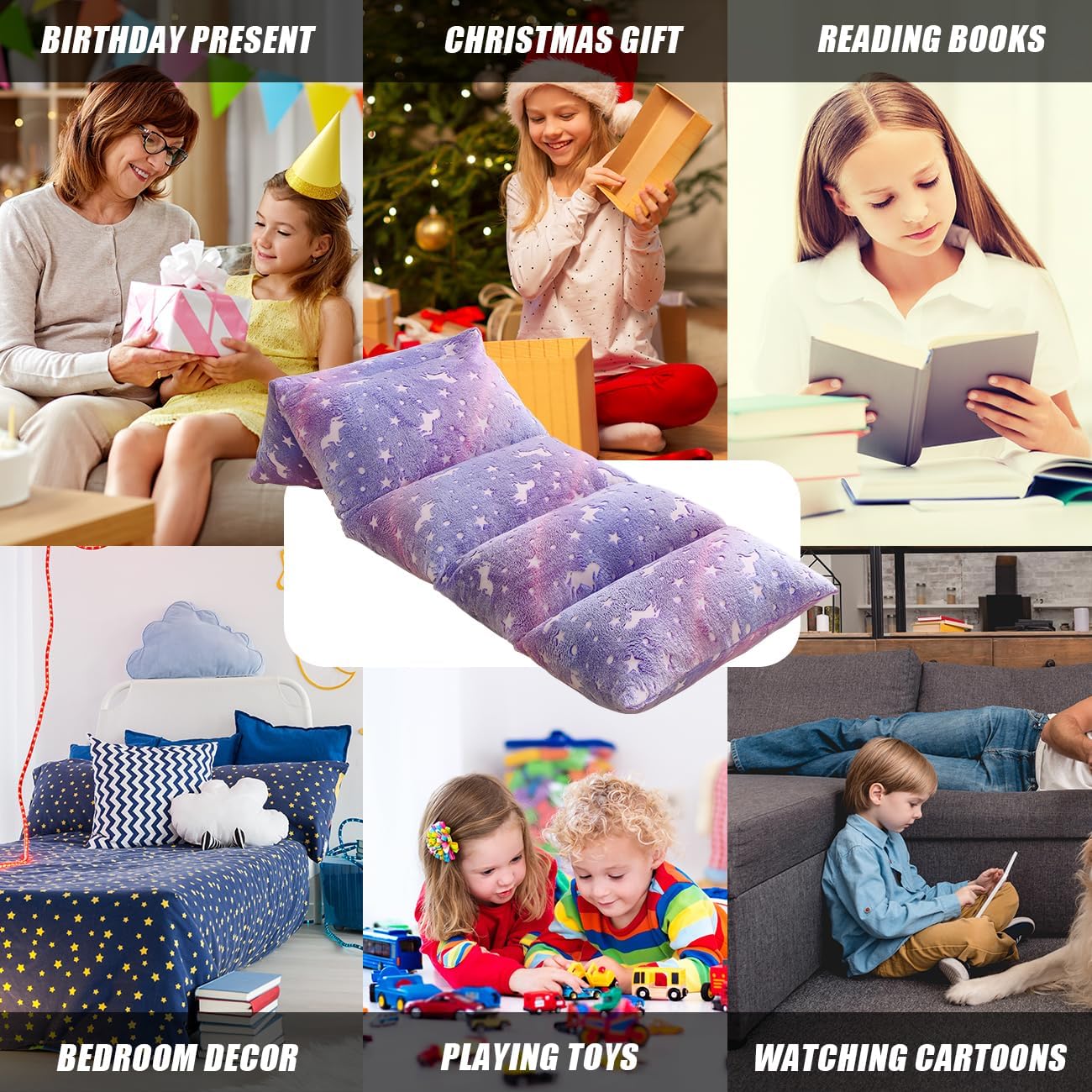Mengersi Almohadas de terciopelo para suelo, de unicornio que brilla en la oscuridad, funda para tumbona para niños, niñas, niños, colchoneta para