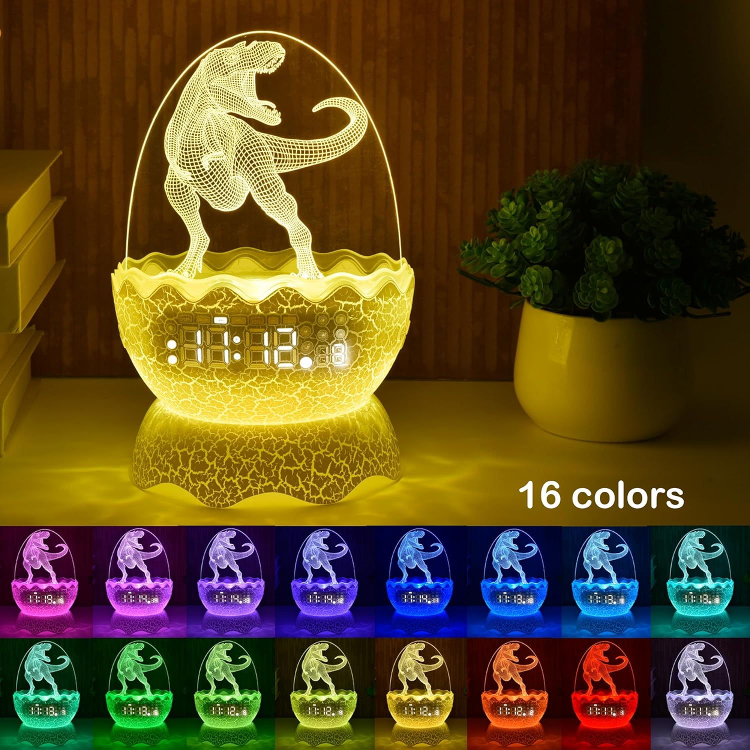 Luces nocturnas musicales de dinosaurio, reloj despertador de huevo de dinosaurio para niños, altavoz Bluetooth y ruido blanco Mahine para bebé,