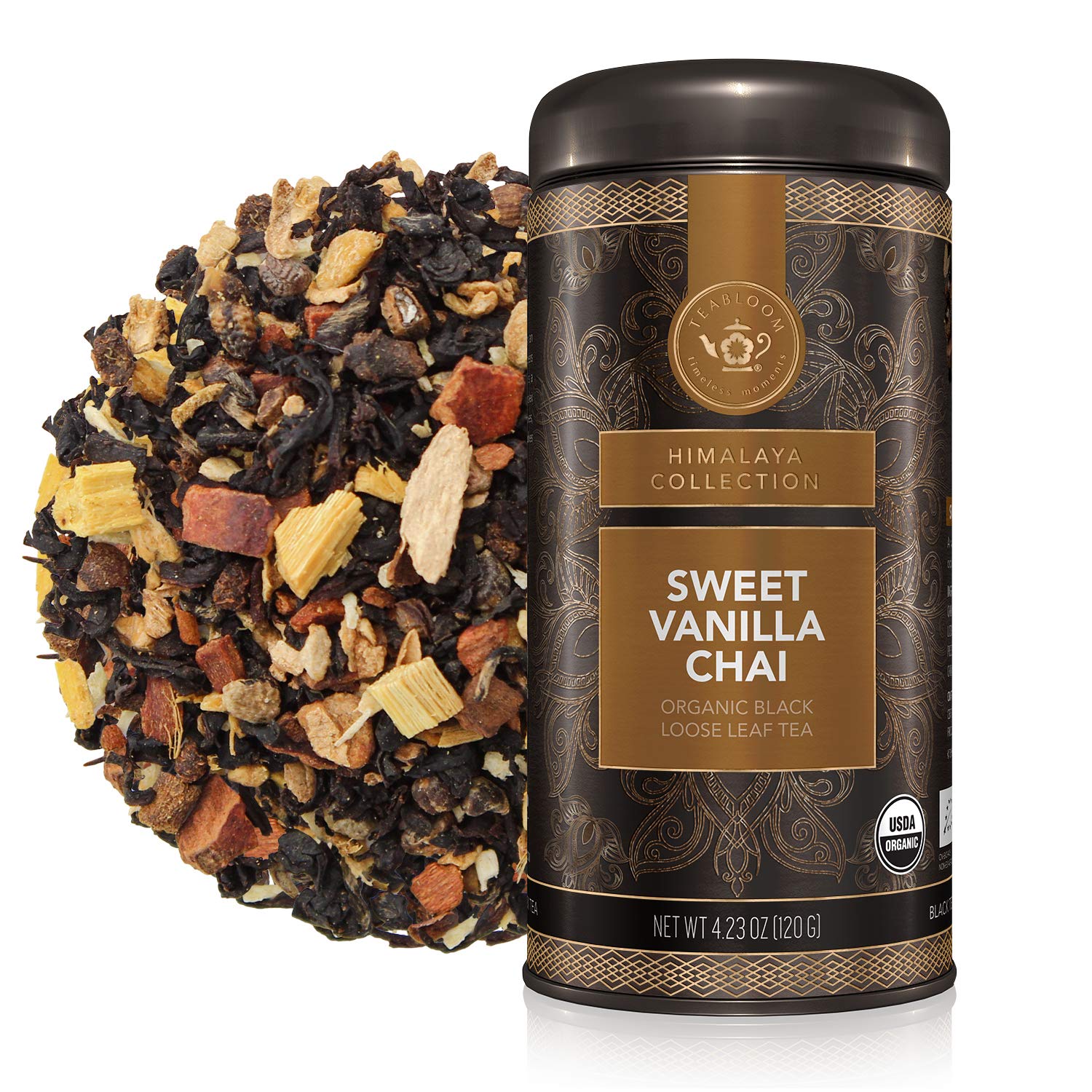 Teabloom Té negro orgánico, té dulce de vainilla Chai de hojas sueltas, mezcla rica y picante con aroma a vainilla, excepcional mezcla de hojas