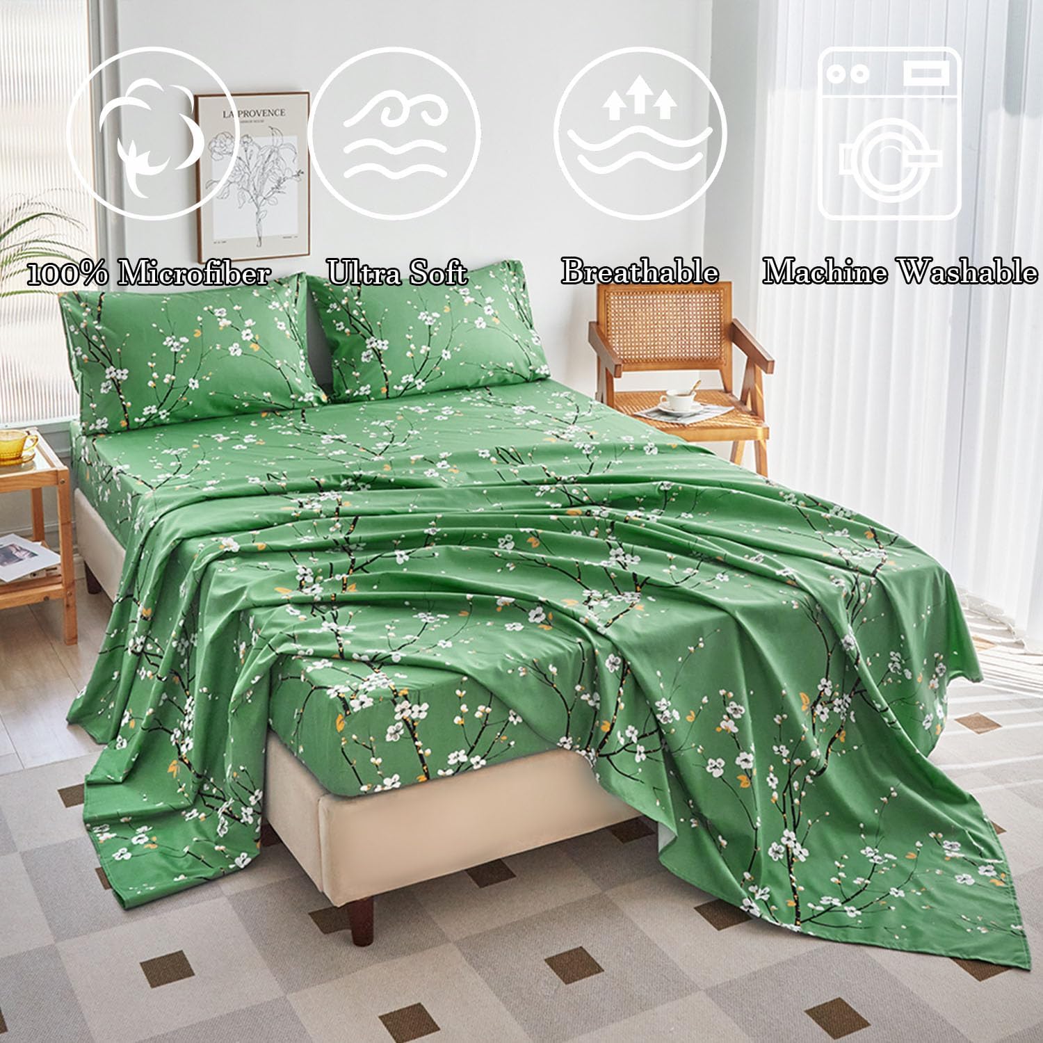 ZANBAST – Juego de sábanas de 4 piezas con estampado de flores verdes, estilo granja, se adapta fácilmente a sábanas de microfibra para todas las