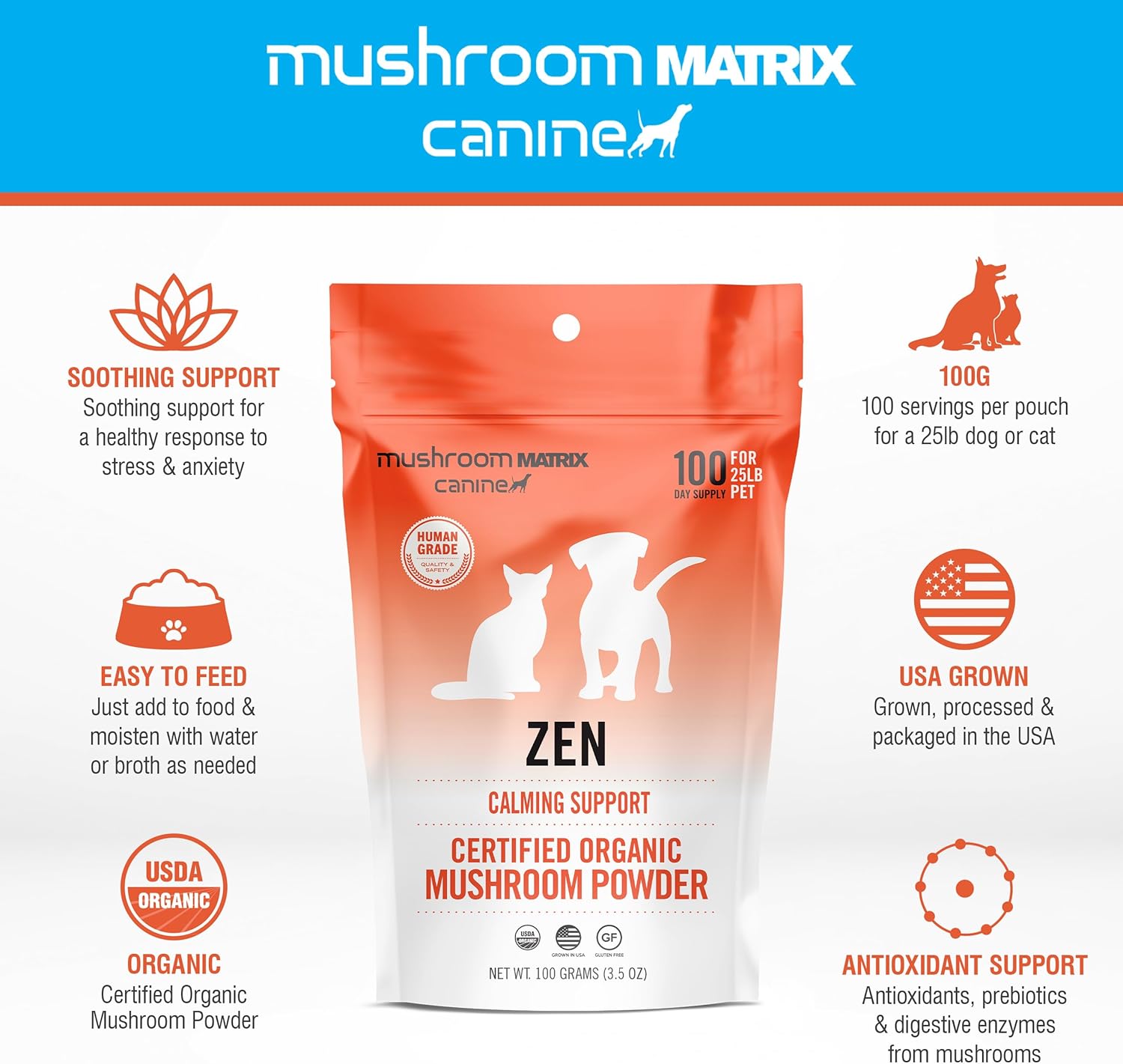 Suplemento en polvo de hongos orgánicos caninos para perros, zen, apoyo calmante, 3.53oz (el embalaje puede variar)