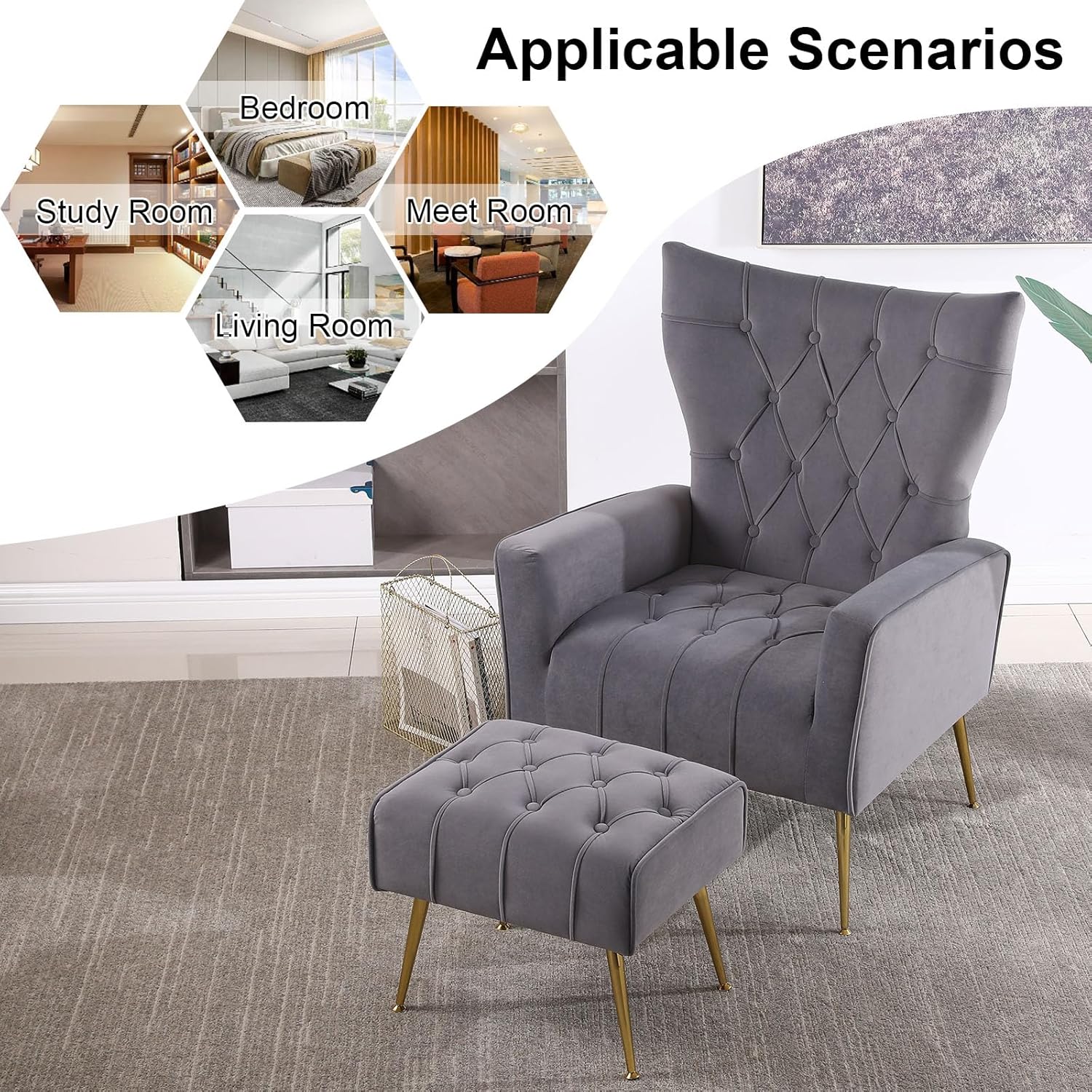 ODUWA Silla decorativa de terciopelo con otomana, sillas decorativas modernas con reposabrazos y respaldo, silla capitoné con botones, sillón