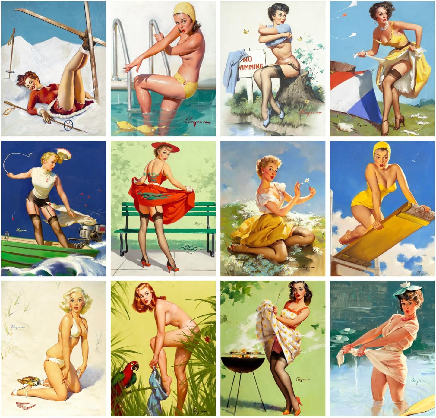 Calendario de pared 2024 13 páginas de 8 x 12 pulgadas GIL ELVGREN Oops Series Pinup Girls Vintage Retro Carteles Portadas de revistas