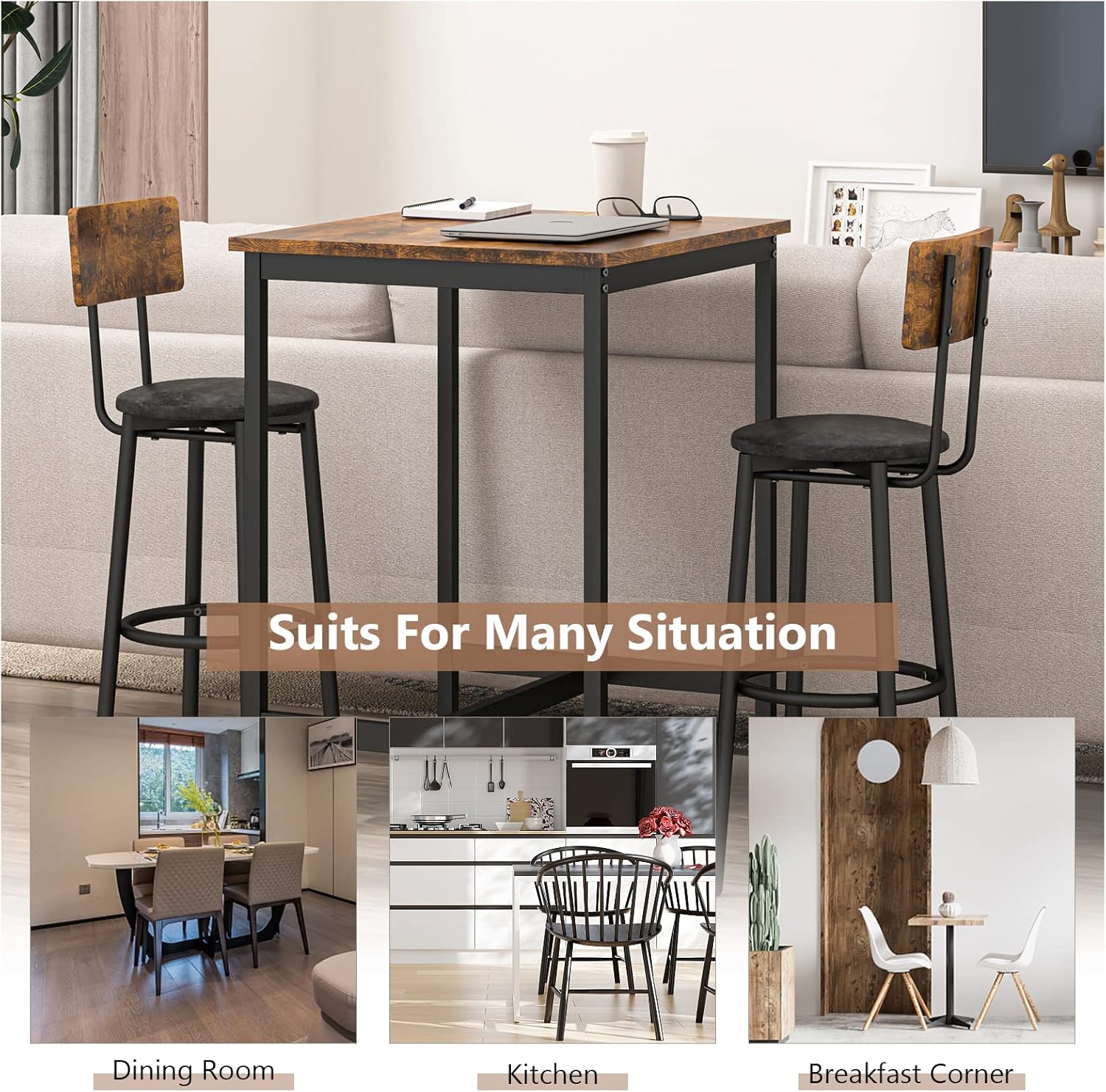 Juego de mesa y silla de bar industrial para 2 mesas y taburetes de altura de mostrador con respaldo, mesa de comedor cuadrada, juego de 3 con