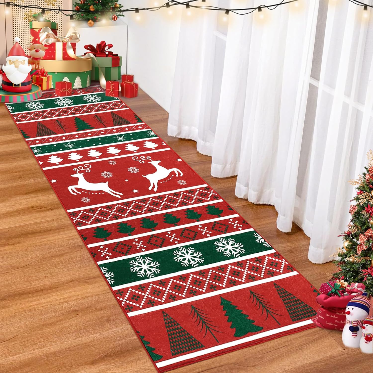 Alfombra de Navidad de 2 x 6 pies, antideslizante, para pasillo, invierno, árbol de Navidad y copo de nieve, alfombra lavable para interiores para