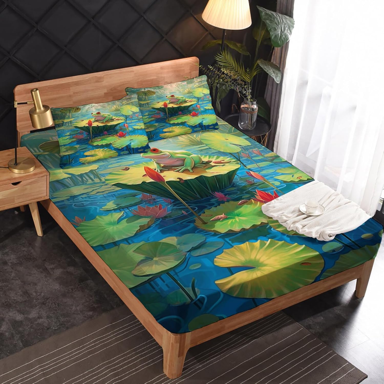 Frog Sheets California King – Juego de sábanas de anfibios de dibujos animados, microfibra suave, bolsillo profundo, sábanas y fundas de almohada