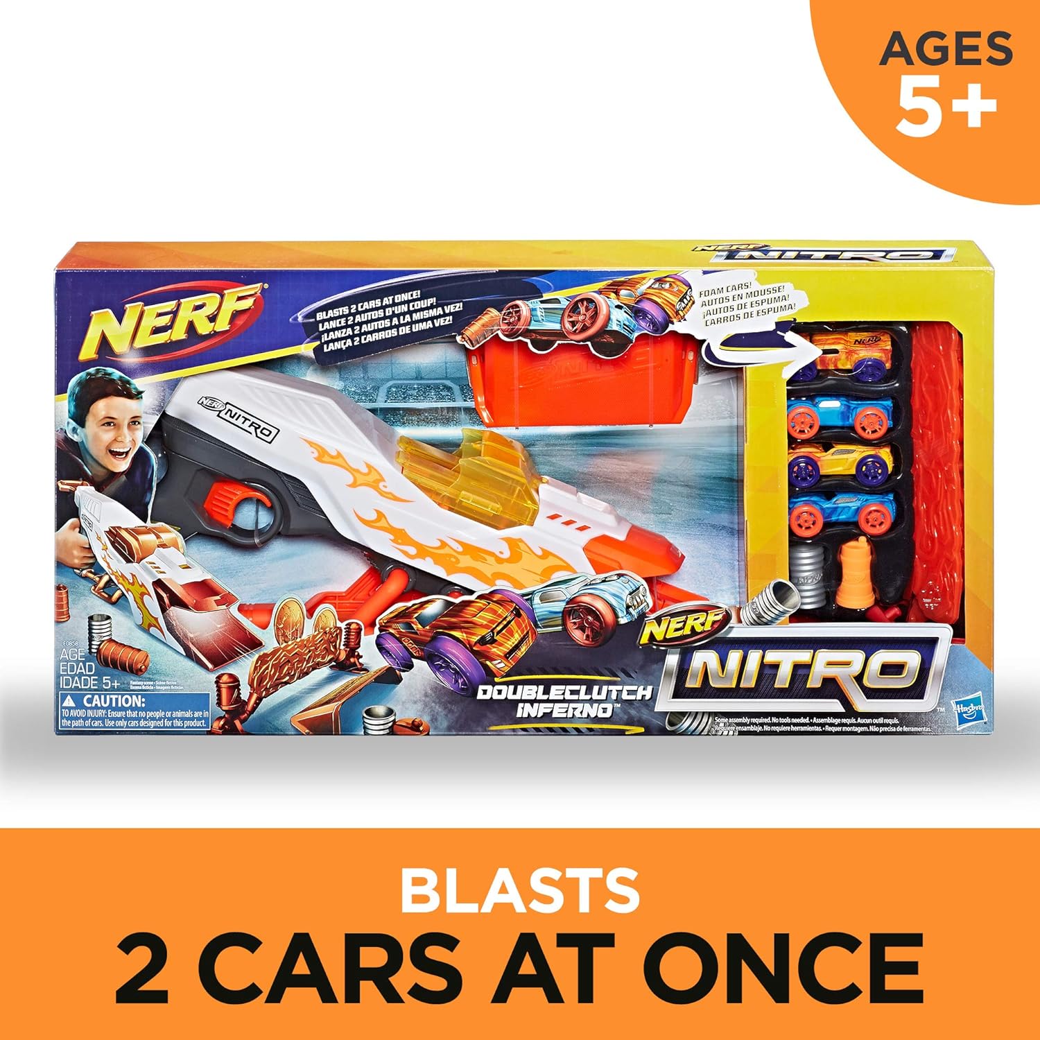NERF Doubleclutch Inferno Nitro Toy incluye blaster, 4 coches de cuerpo de espuma, doble objetivo reactivo, doble rampa y 8 obstáculos para niños de