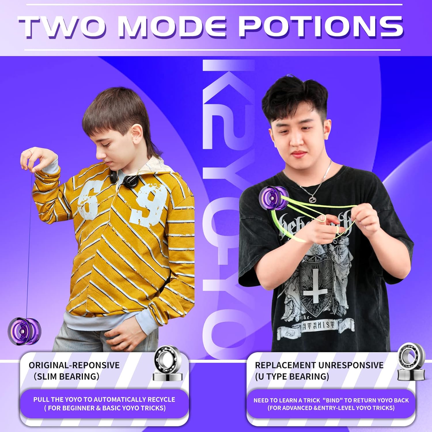 Responsive Yoyo para niños K2 Crystal Purple, Yoyo V8 sensible profesional con cuerdas de Yoyo + bolsa Yoyo + rodamiento + herramienta de extracción