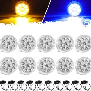 Partsam 10 luces marcadoras redondas de doble revolución de 2 pulgadas, 9 LED, luces laterales ámbar a luces auxiliares azules para camión de Partsam 10 luces marcadoras redondas de doble revolución de 2 pulgadas, 9 LED, luces laterales ámbar a luces auxiliares azules para camión de