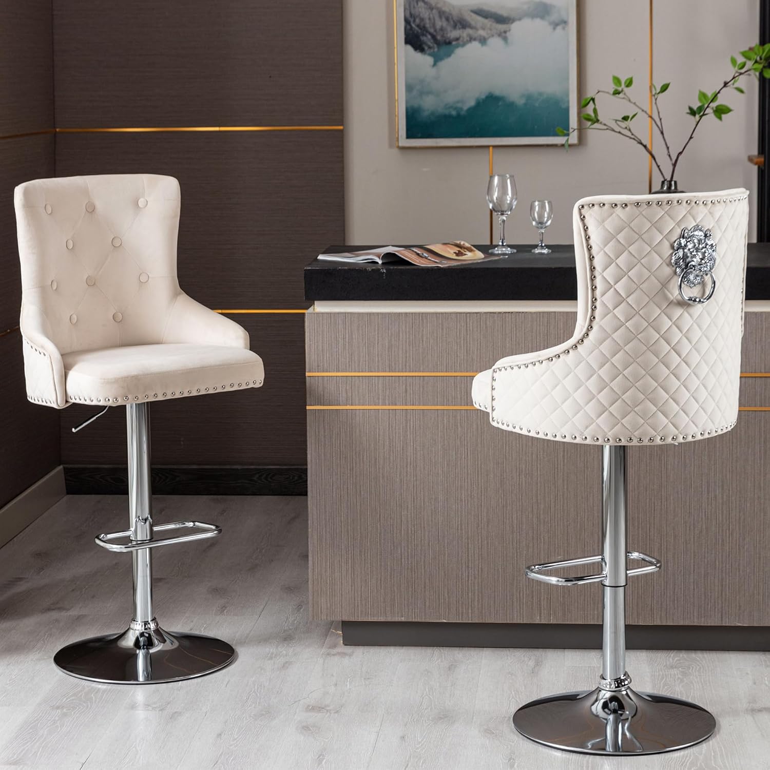 Juego de 2 taburetes de bar, taburetes de bar giratorios de terciopelo ajustable en altura de mostrador con reposapiés, acolchado suave tapizado con