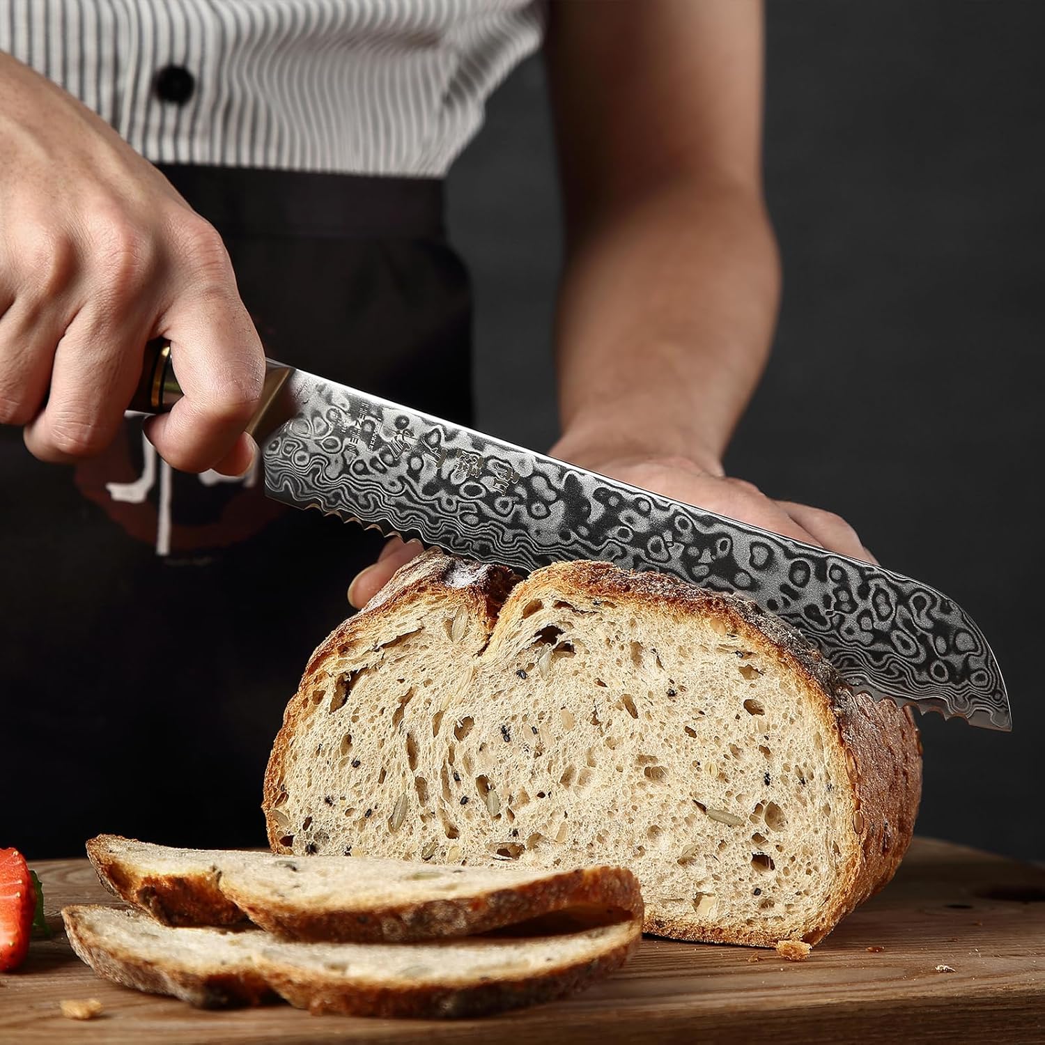HEZHEN Cuchillo de pan dentado de 8.3 pulgadas, cuchillo de acero de Damasco, cuchillo de cocina de acero de alto carbono, mango de madera y caja de