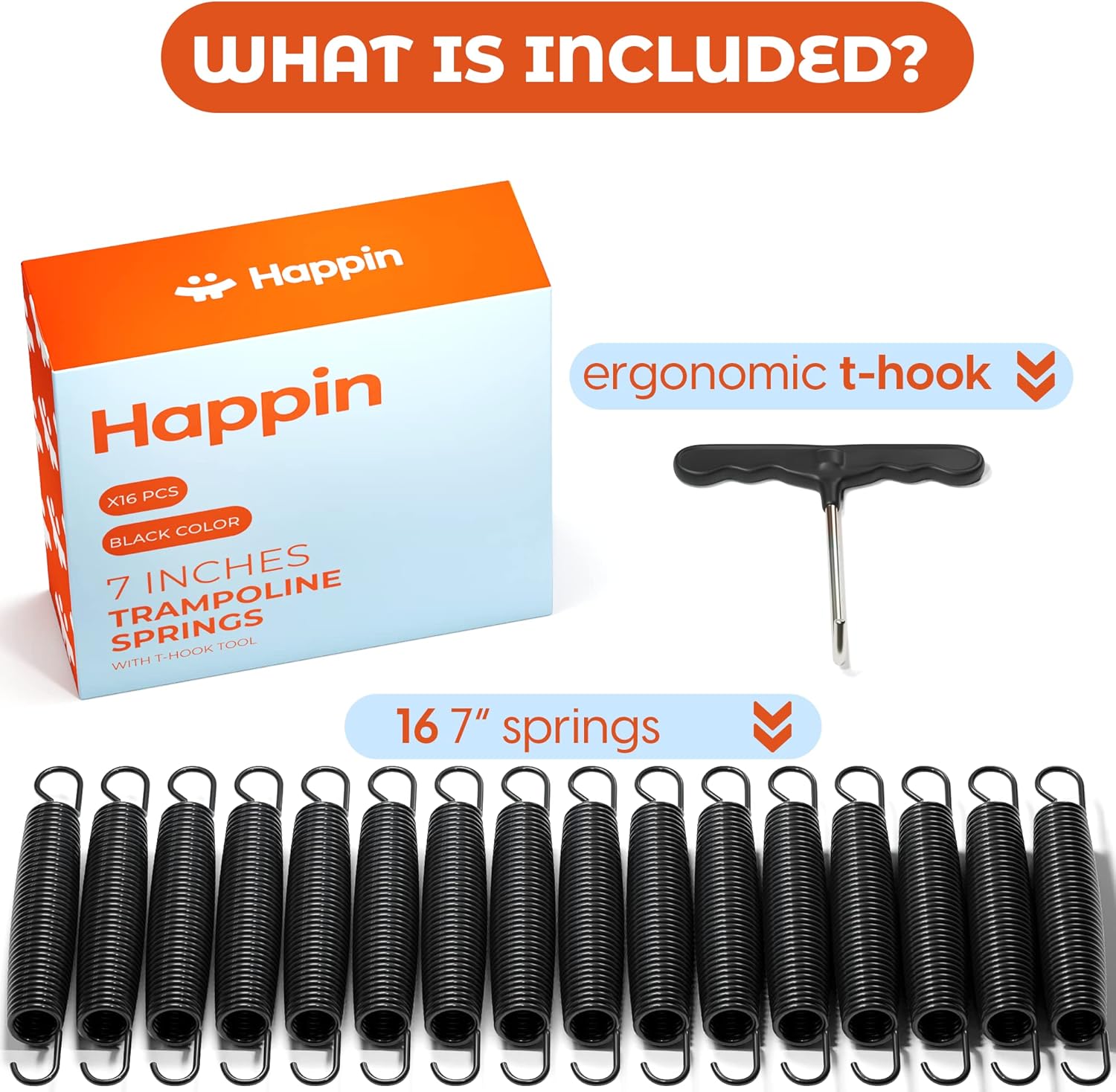 Happin Muelles para trampolín de 7 y 5.5 pulgadas con herramienta de resorte, juego de 16 resortes de acero galvanizado resistente, resortes de