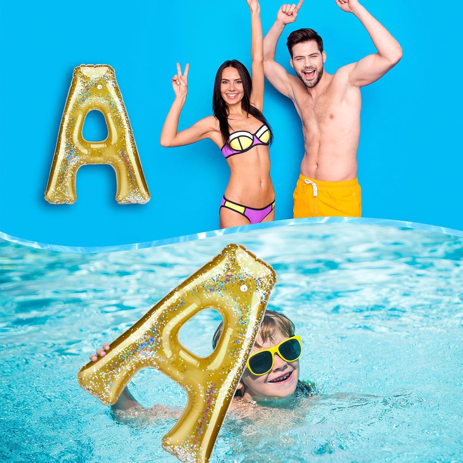 Flotador inflable de piscina de una sola letra, decoración de fiesta de piscina, letras flotantes de confeti para piscina, alfabeto dorado, balsas