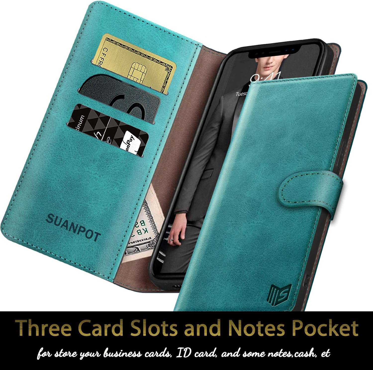 SUANPOT Funda de piel tipo cartera para Samsung Galaxy S9+  S9 Plus 6.2 (no S9 de 5.8 pulgadas) con bloqueo RFID, tarjetero de poliuretano con tapa